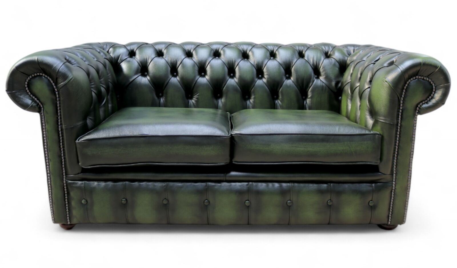 Product photograph of Chesterfield Classic Tufted Buttoned 2 Seater Antique Green Leather Sofa Settee from Designer Sofas 4U