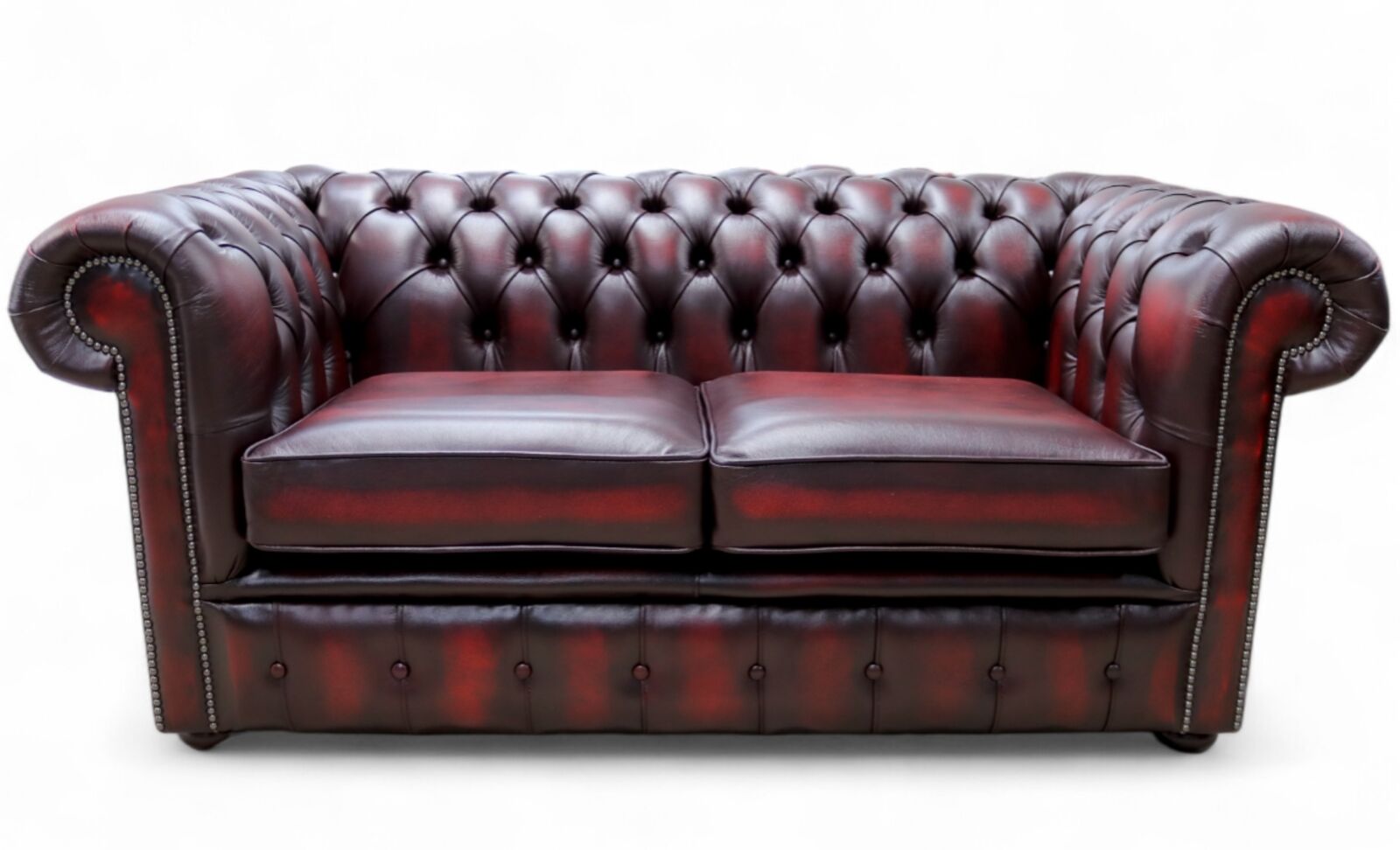 Product photograph of Chesterfield Classic Tufted Buttoned 2 Seater Antique Oxblood Leather Sofa Settee from Designer Sofas 4U