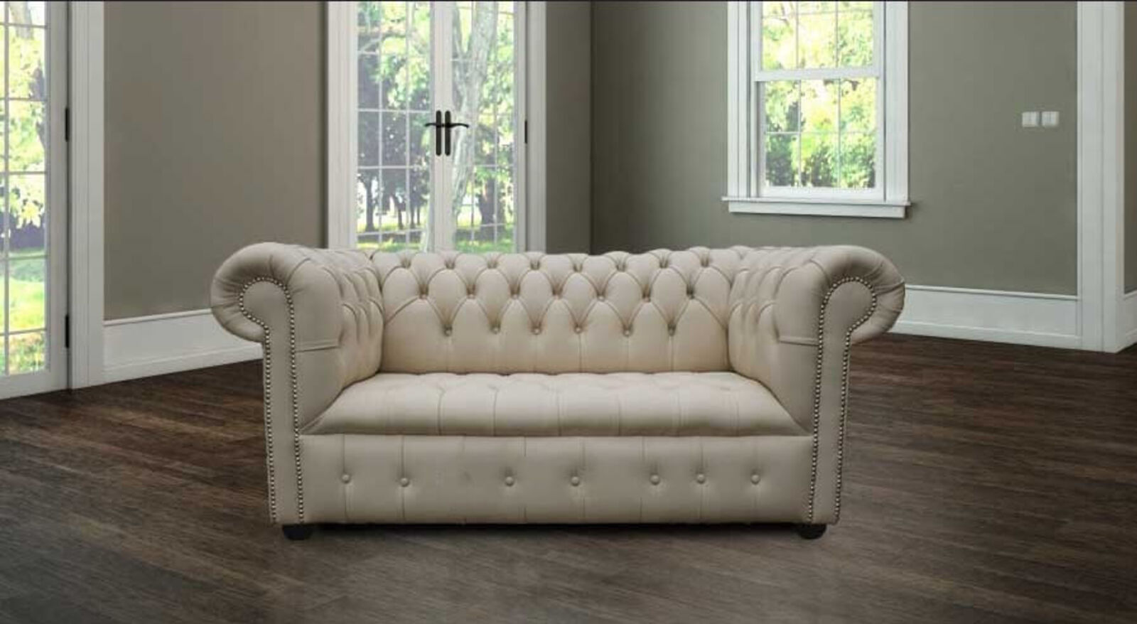 Product photograph of Chesterfield Kensington 2 Seater Settee Sofa Buttoned Seat Ivory Cottonseed Leather from Designer Sofas 4U