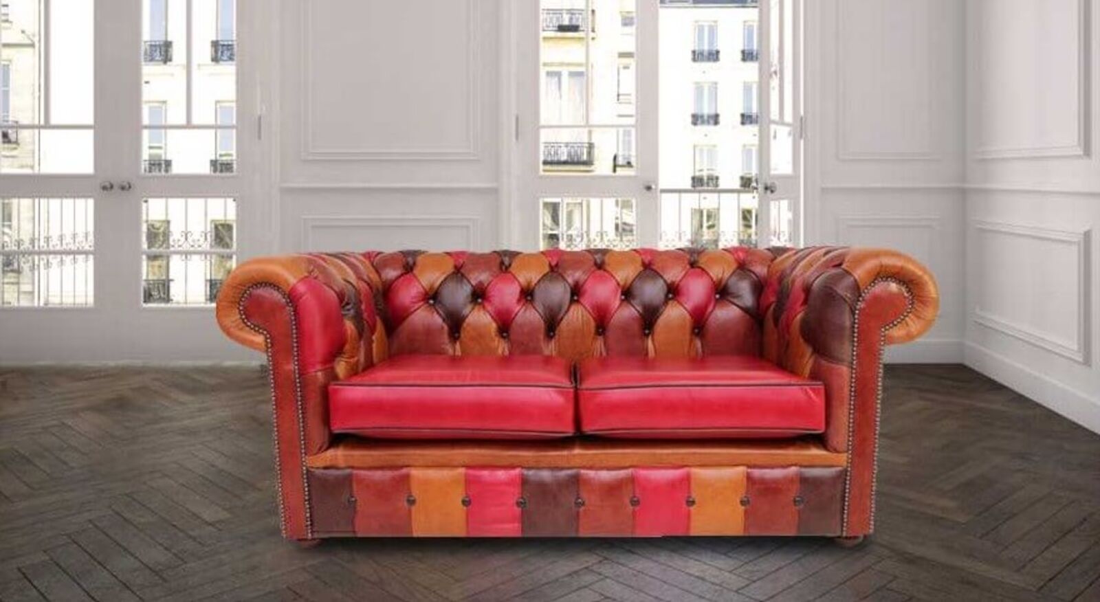 Product photograph of Chesterfield Patchwork Old English 2 Seater Settee Leather Sofa Offer from Designer Sofas 4U