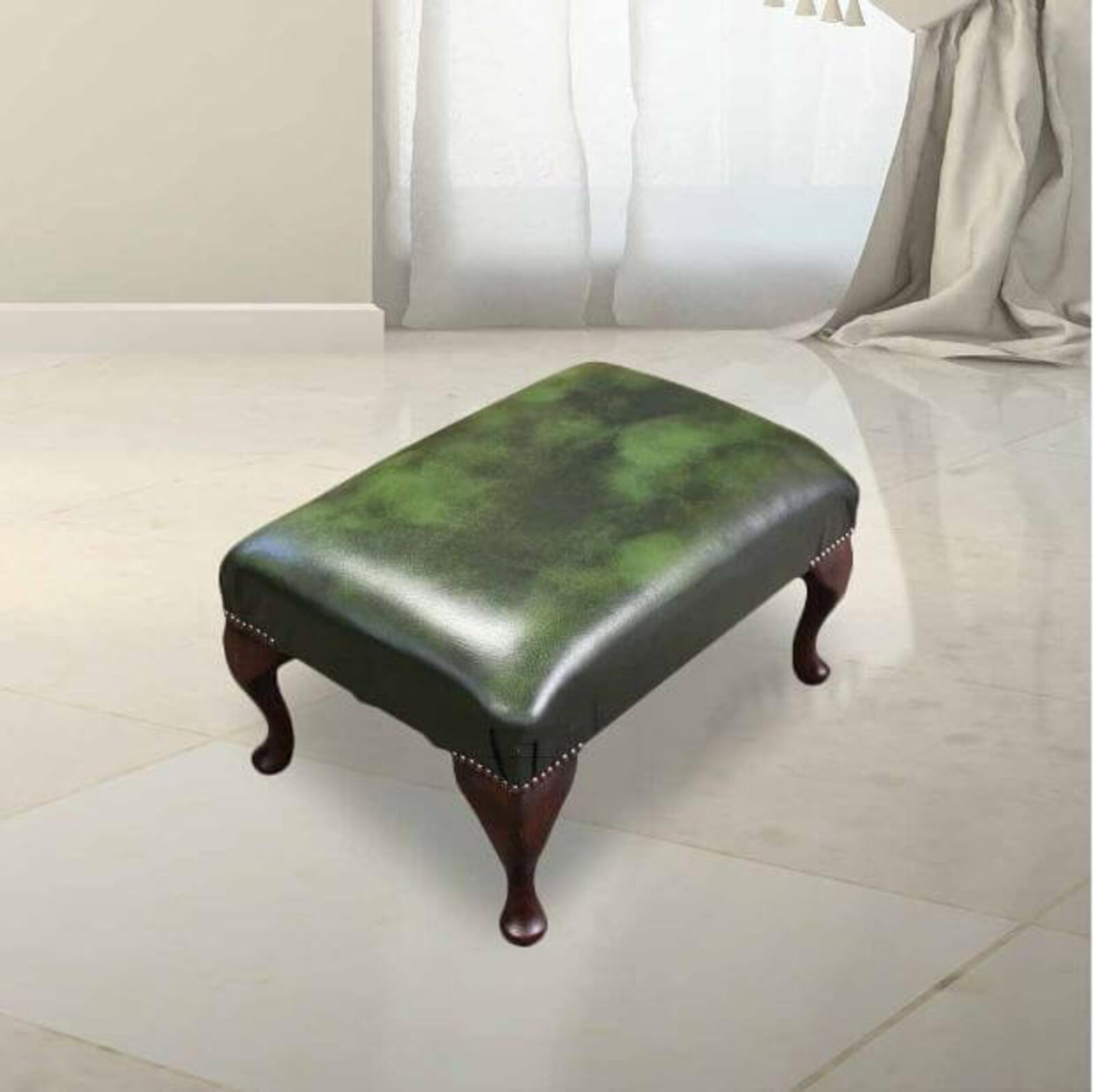 Product photograph of Chesterfield 1930 S Queen Anne Footstool Uk Manufactured Antique Green Leather from Designer Sofas 4U