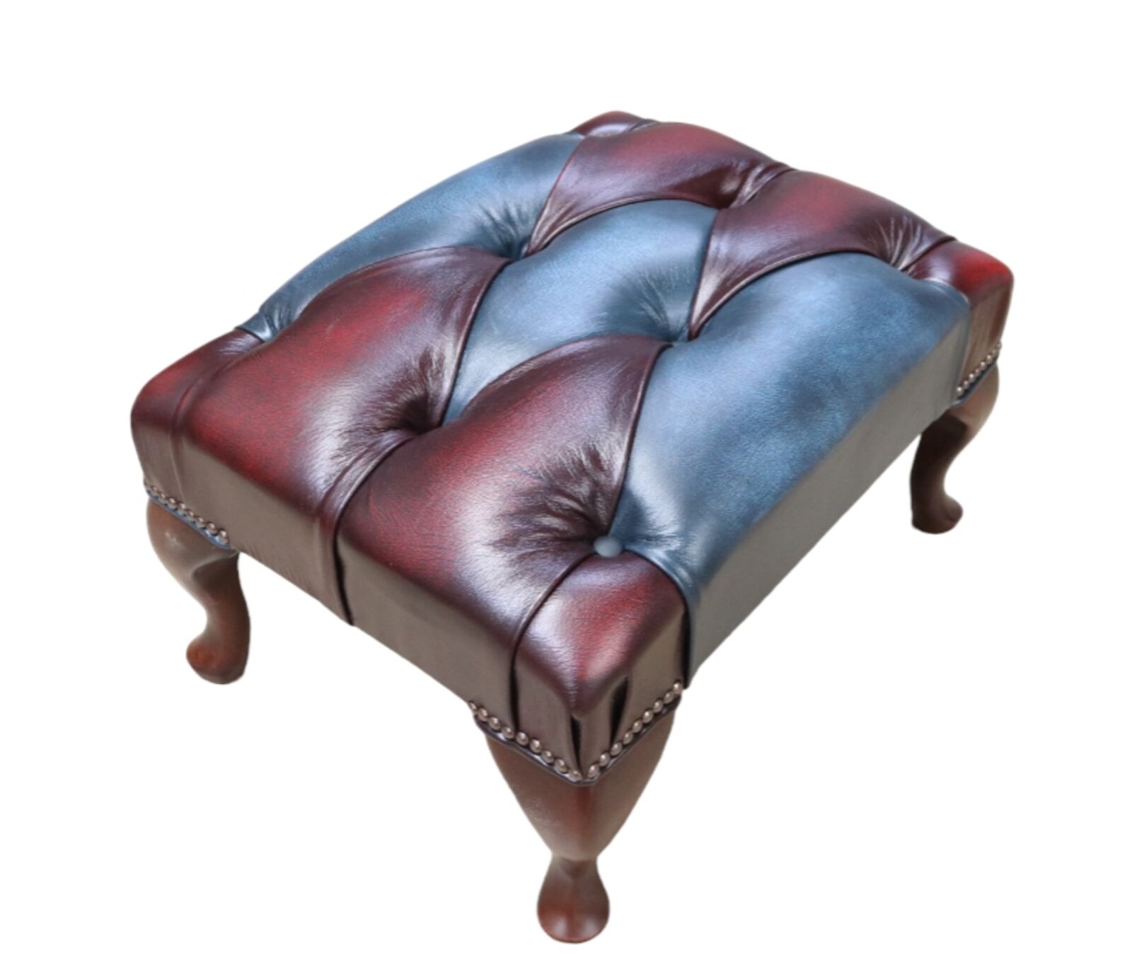 Product photograph of Chesterfield Duke Timeless Queen Anne Patchwork Antique Oxblood Amp Blue Leather Footstool from Designer Sofas 4U