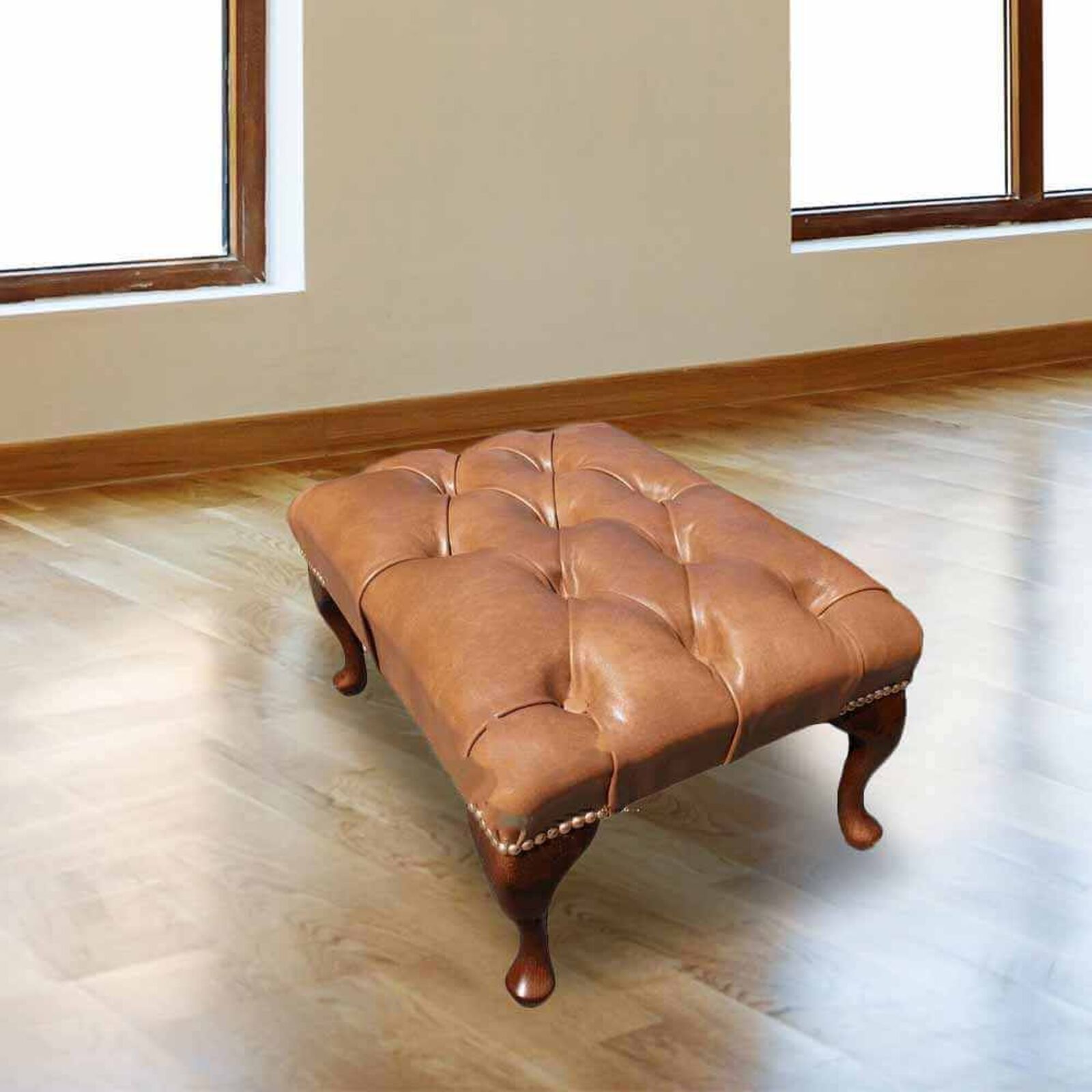 Product photograph of Chesterfield Queen Anne Footstool Uk Manufactured Old English Tan Leather from Designer Sofas 4U