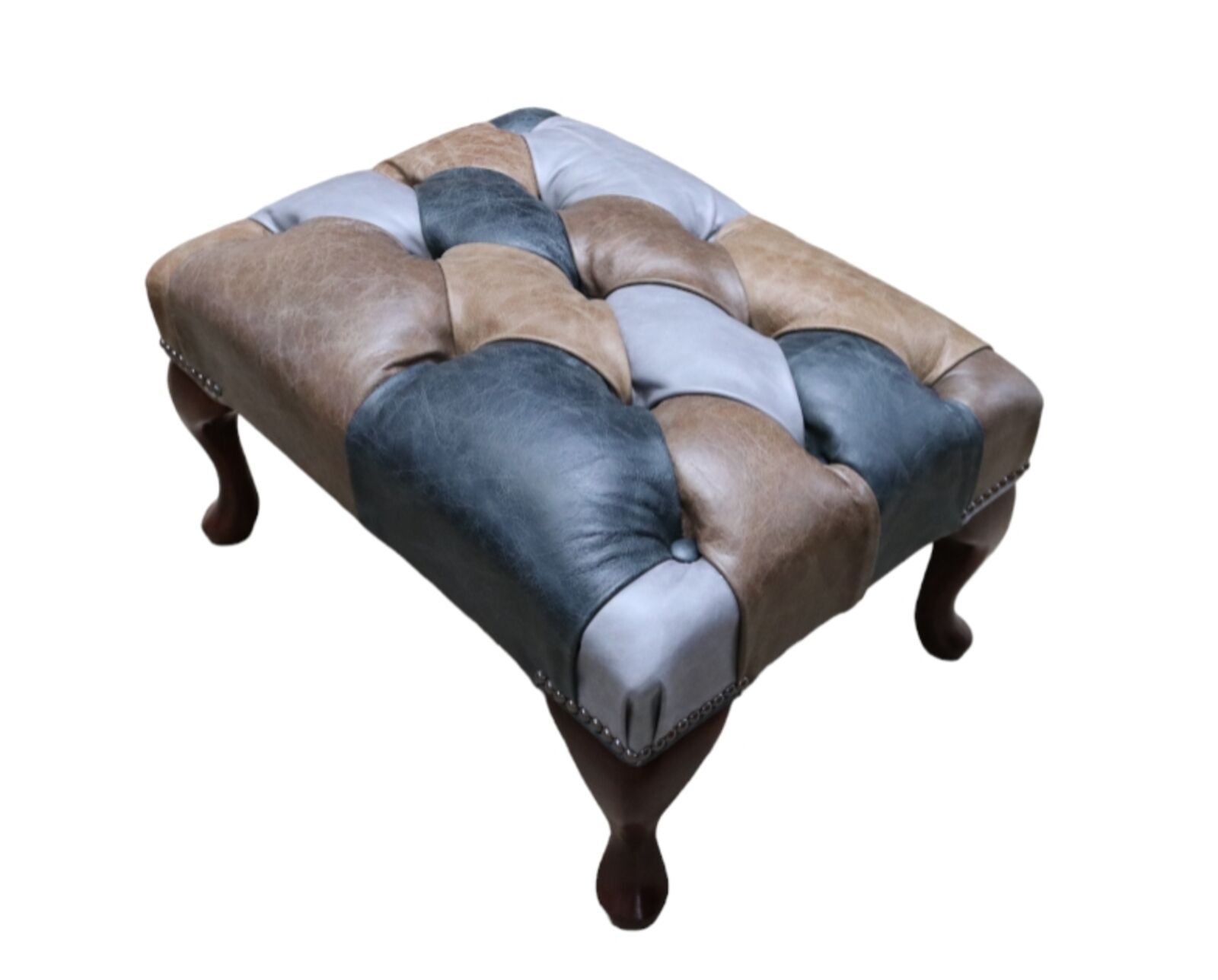 Product photograph of Chesterfield Queen Anne Patchwork Cracked Wax Leather Footstool from Designer Sofas 4U