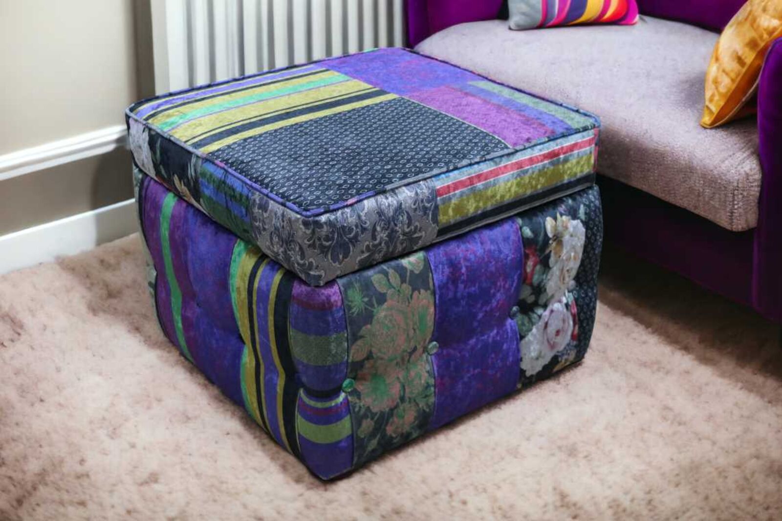 Product photograph of Chesterfield London Patchwork Storage Box Pouffe Velvet Designersofas4u from Designer Sofas 4U