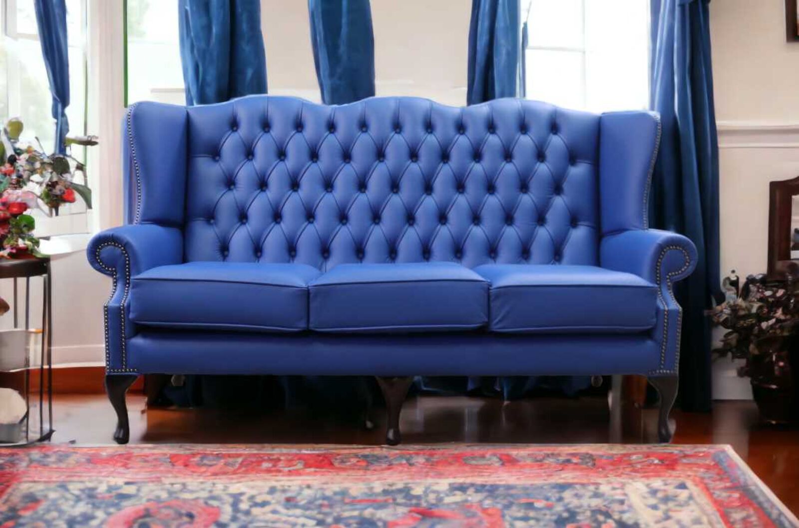 Product photograph of Chesterfield 3 Seater Flat Wing Queen Anne High Back Wing Sofa Ultramarine Blue Leather from Designer Sofas 4U