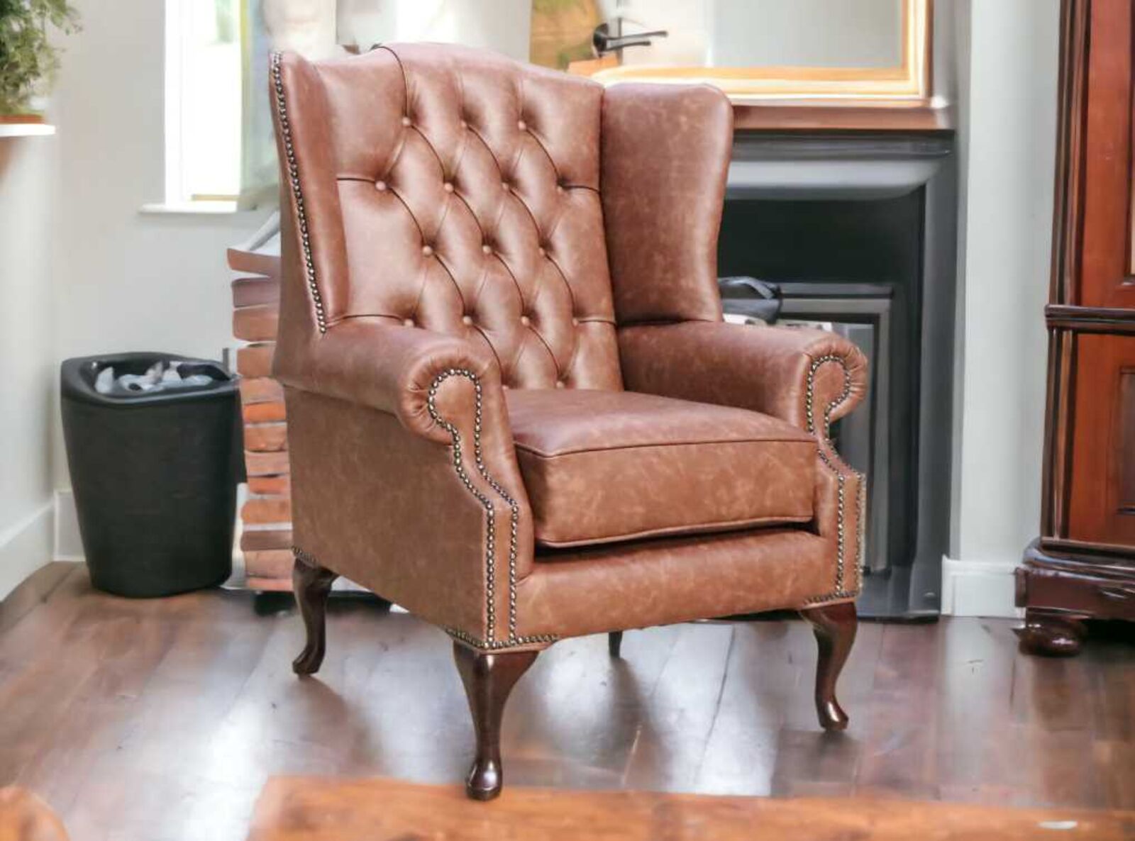 Product photograph of Chesterfield Bloomsbury Flat Wing Queen Anne High Back Wing Chair Etna Bourbon Brown Leather from Designer Sofas 4U