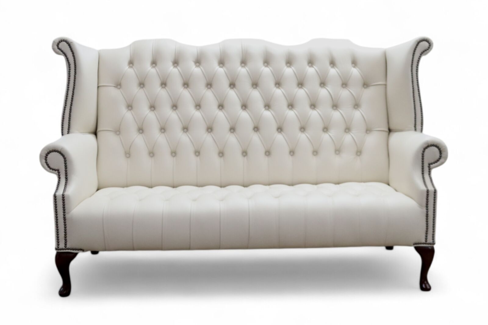 Product photograph of Chesterfield 3 Seater Almond Cream Queen Anne High Back Wing Sofa Leather from Designer Sofas 4U