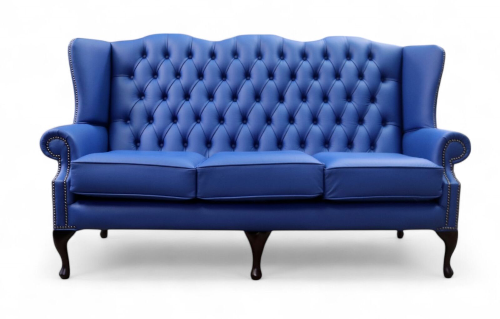 Product photograph of Chesterfield 3 Seater Flat Wing Queen Anne High Back Wing Sofa Ultramarine Blue Leather from Designer Sofas 4U