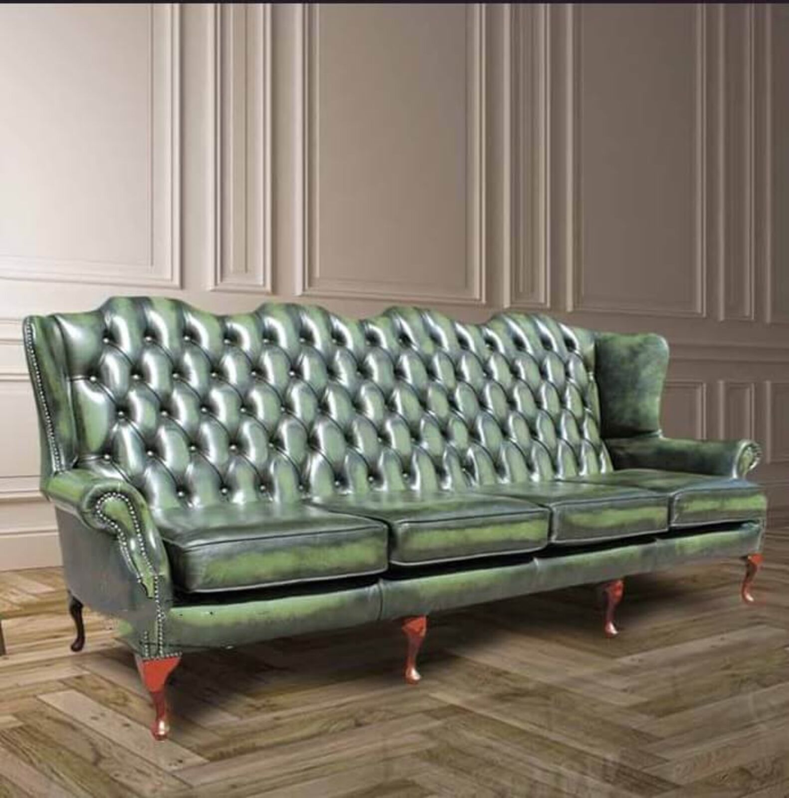 Product photograph of Chesterfield 4 Seater Flat Wing Queen Anne High Back Wing Sofa Antique Green Leather from Designer Sofas 4U