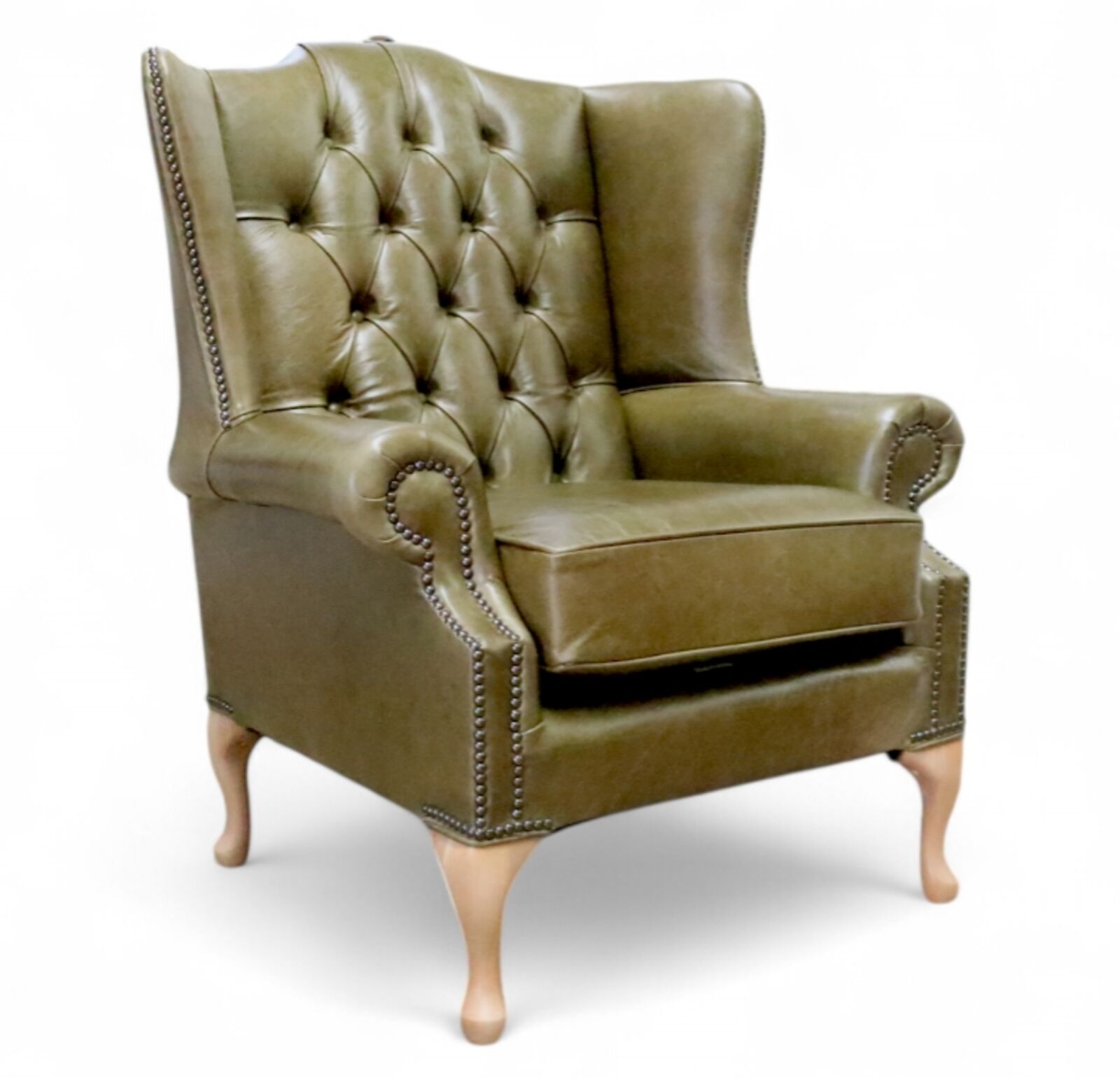 Product photograph of Chesterfield Bloomsbury Flat Wing Queen Anne High Back Wing Chair Old English Olive Leather from Designer Sofas 4U