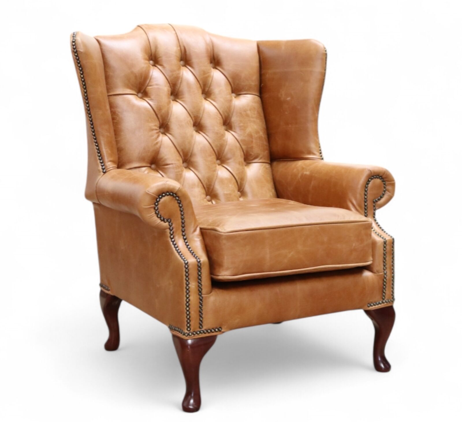 Product photograph of Chesterfield Bloomsbury Flat Wing Queen Anne High Back Wing Chair Vintage Tan Leather from Designer Sofas 4U