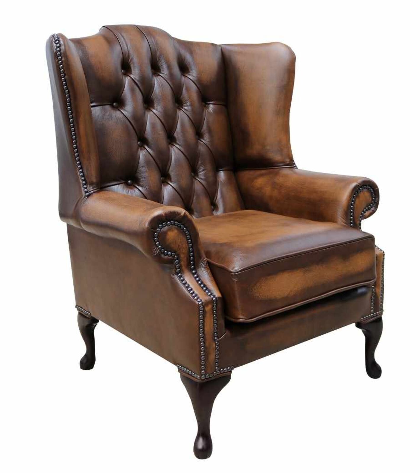 Product photograph of Chesterfield Bloomsbury Flat Wing Queen Anne High Back Wing Chair Antique Tan Leather from Designer Sofas 4U