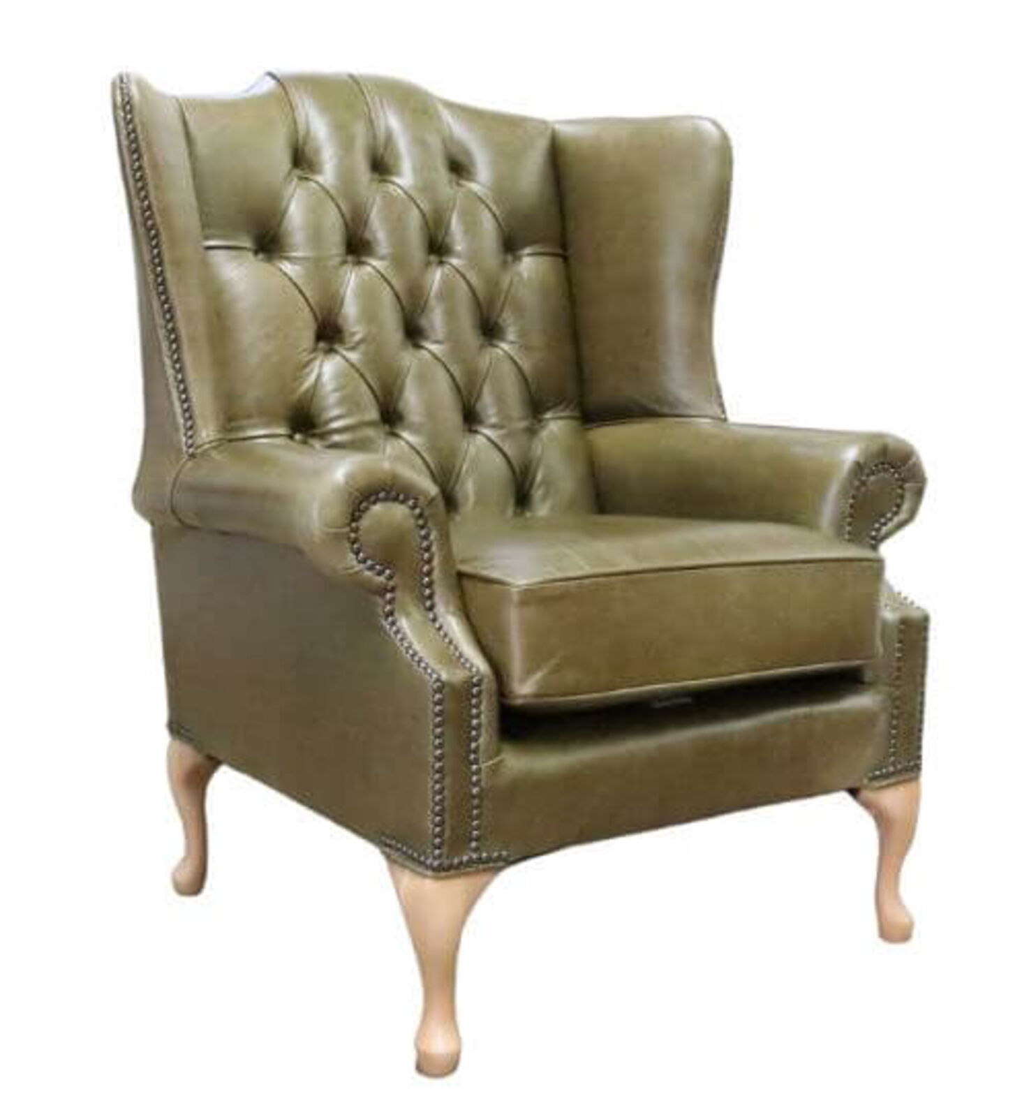 Product photograph of Chesterfield Bloomsbury Flat Wing Queen Anne High Back Wing Chair Old English Olive Leather from Designer Sofas 4U