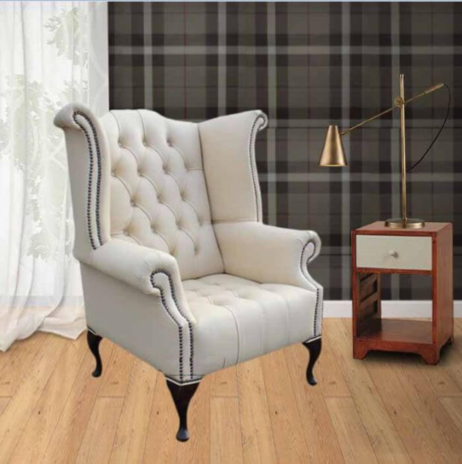 Product photograph of Chesterfield Buttoned Queen Anne High Back Wing Chair Cottonseed Cream Leather from Designer Sofas 4U