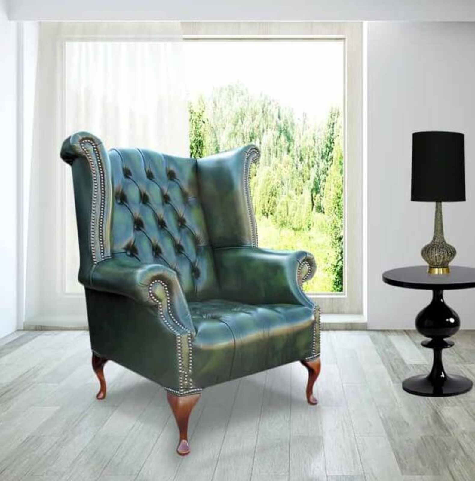 Product photograph of Chesterfield Buttoned Seat Queen Anne High Back Wing Chair Uk Manufactured Antique Green from Designer Sofas 4U