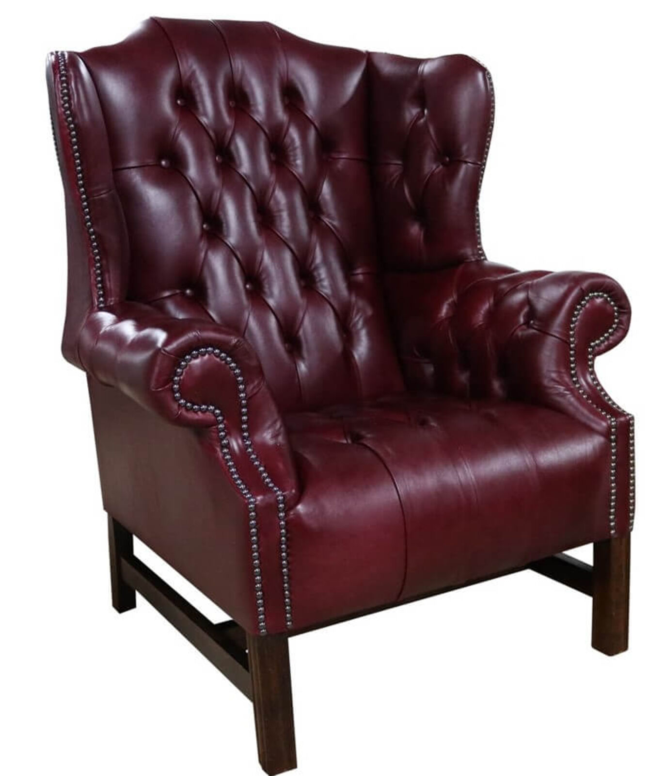 Product photograph of Old English Burgundy Leather Chesterfield Churchill High Back Wing Chair Designersofas4u from Designer Sofas 4U