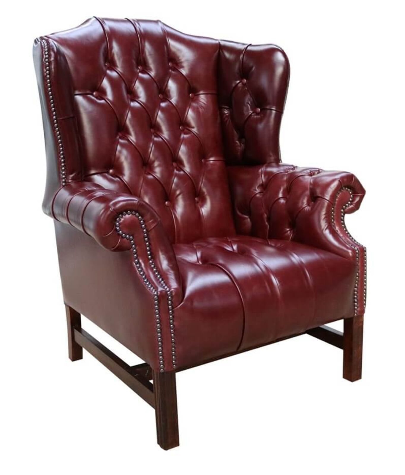 Product photograph of Newcastle Burgundy Leather Chesterfield Churchill High Back Wing Chair Uk Manufactured Designersofas4u from Designer Sofas 4U