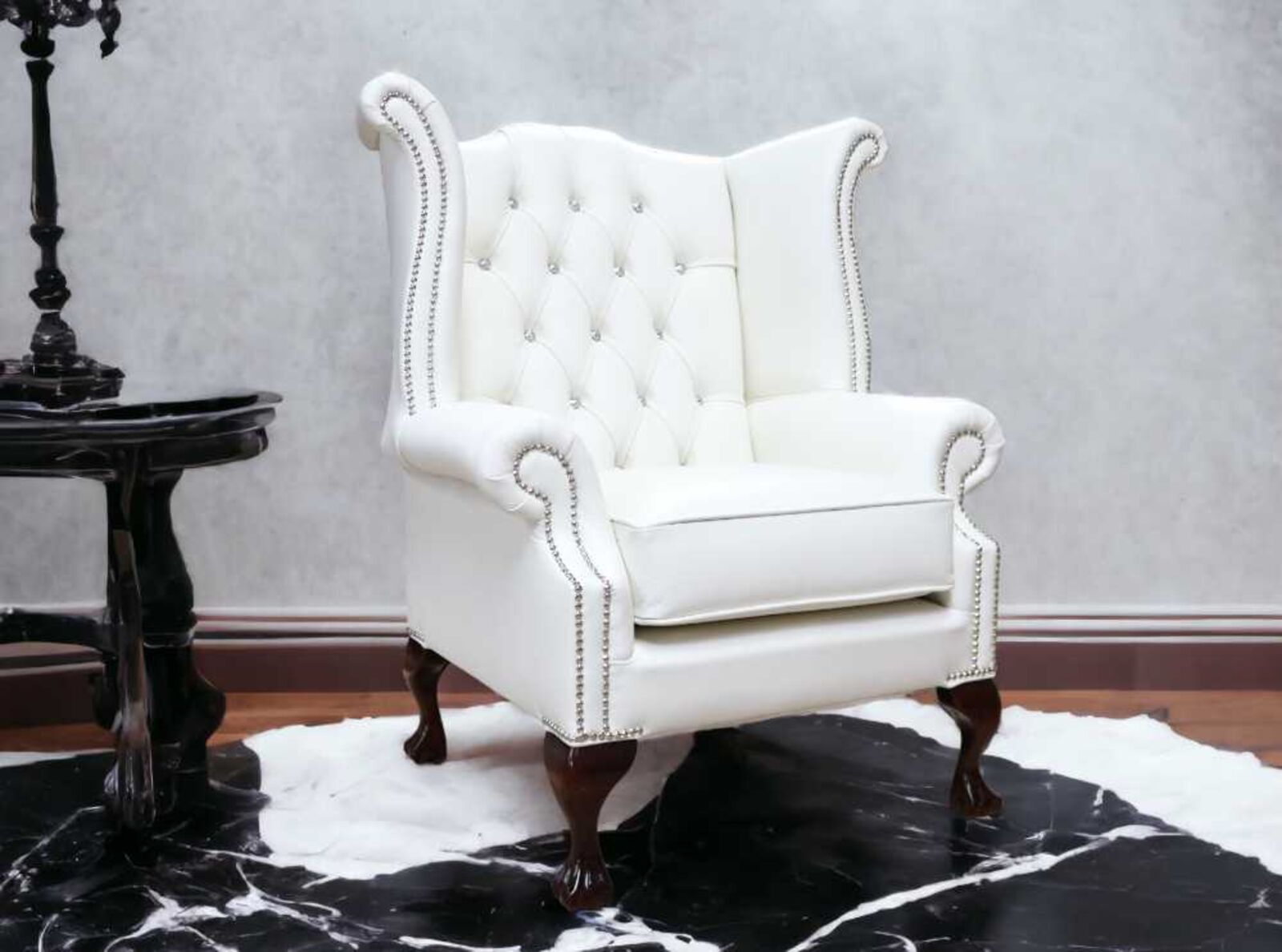 Product photograph of Chesterfield Crystal Diamante Queen Anne High Back Wing Chair White Leather Claw Ball Feet from Designer Sofas 4U