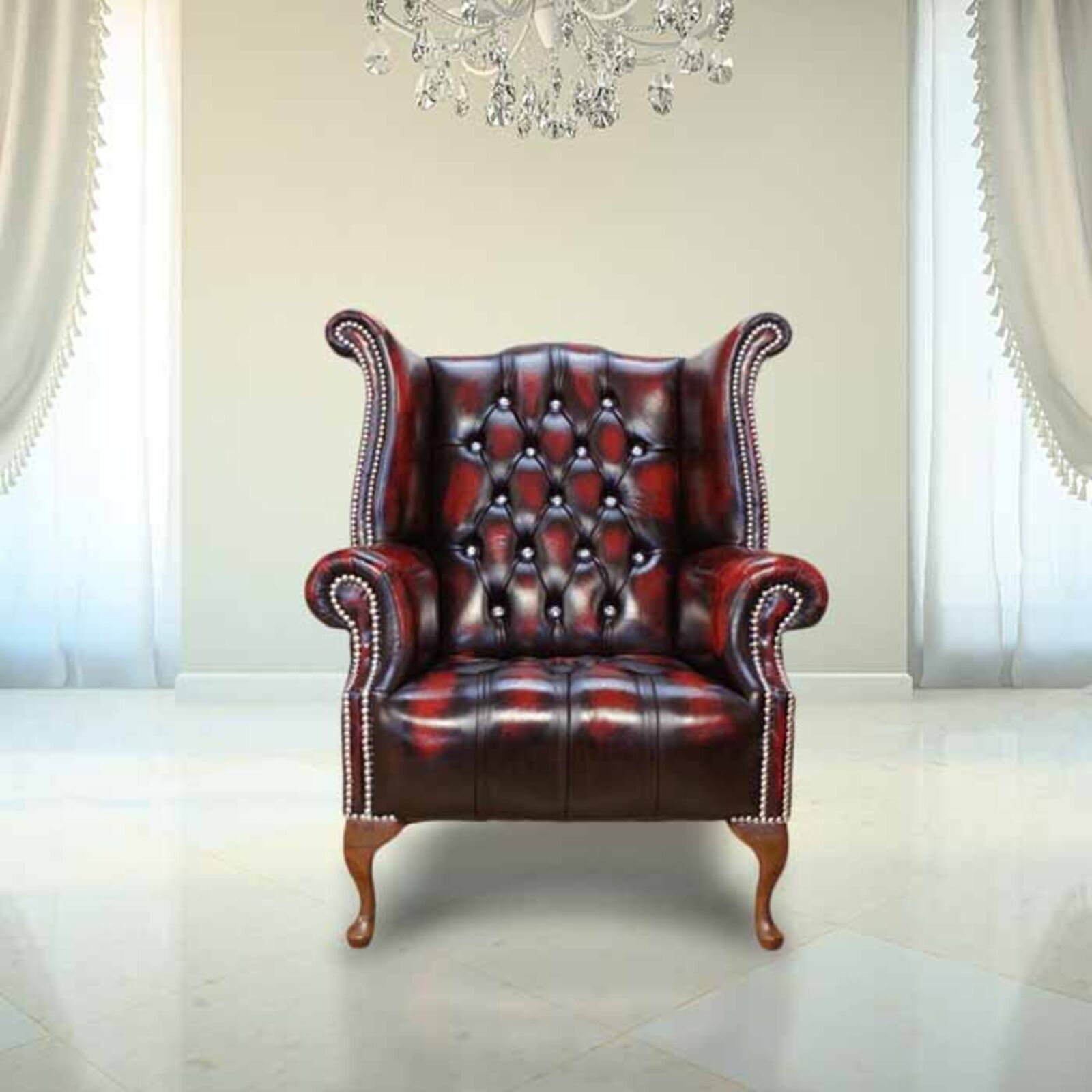 Product photograph of Chesterfield Crystallized Elements Queen Anne High Back Wing Chair Oxblood Leather from Designer Sofas 4U