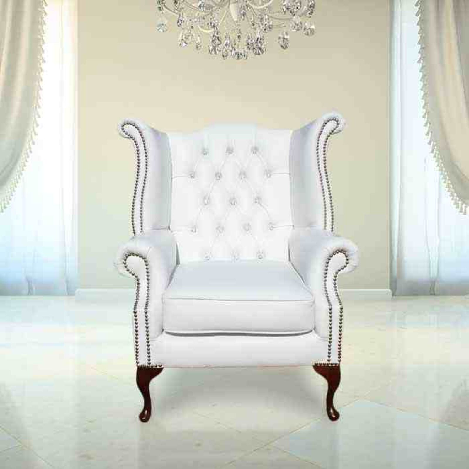 Product photograph of Chesterfield Crystallized Elements Queen Anne High Back Wing Chair White Leather from Designer Sofas 4U
