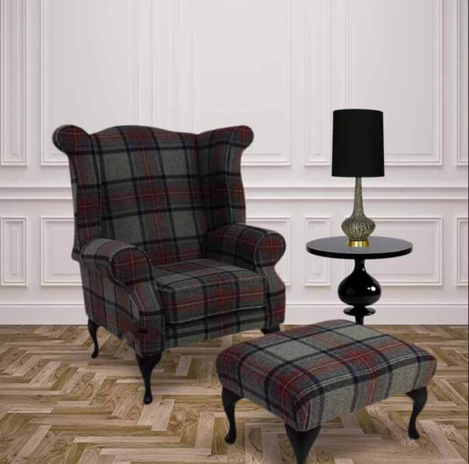 Product photograph of Chesterfield Edward Queen Anne Wool Tweed Wing Chair Fireside High Back Armchair Beningborough Graphite Check Footstool from Designer Sofas 4U