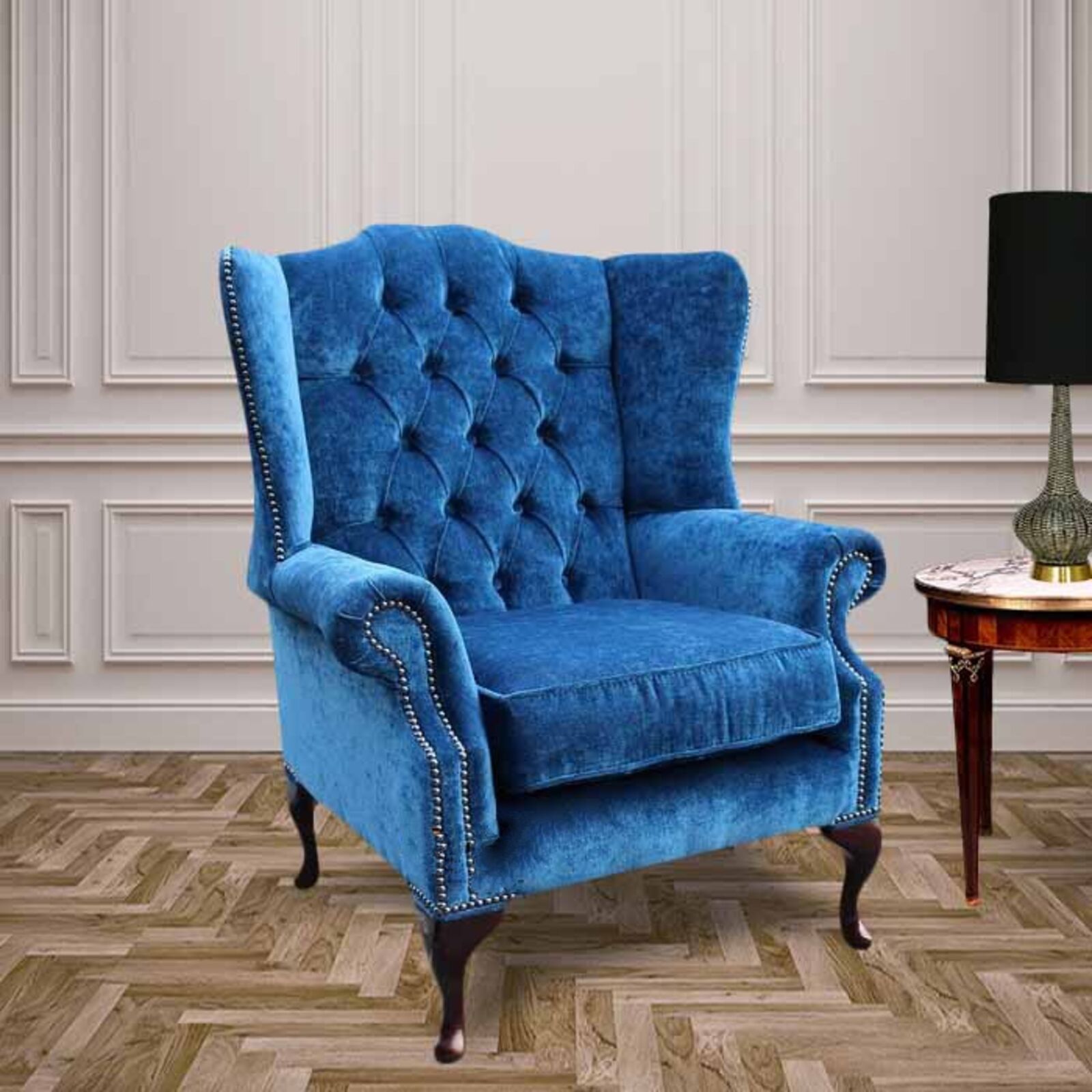 Product photograph of Chesterfield Fabric Mallory Flat Wing High Back Wing Chair Royal Blue from Designer Sofas 4U