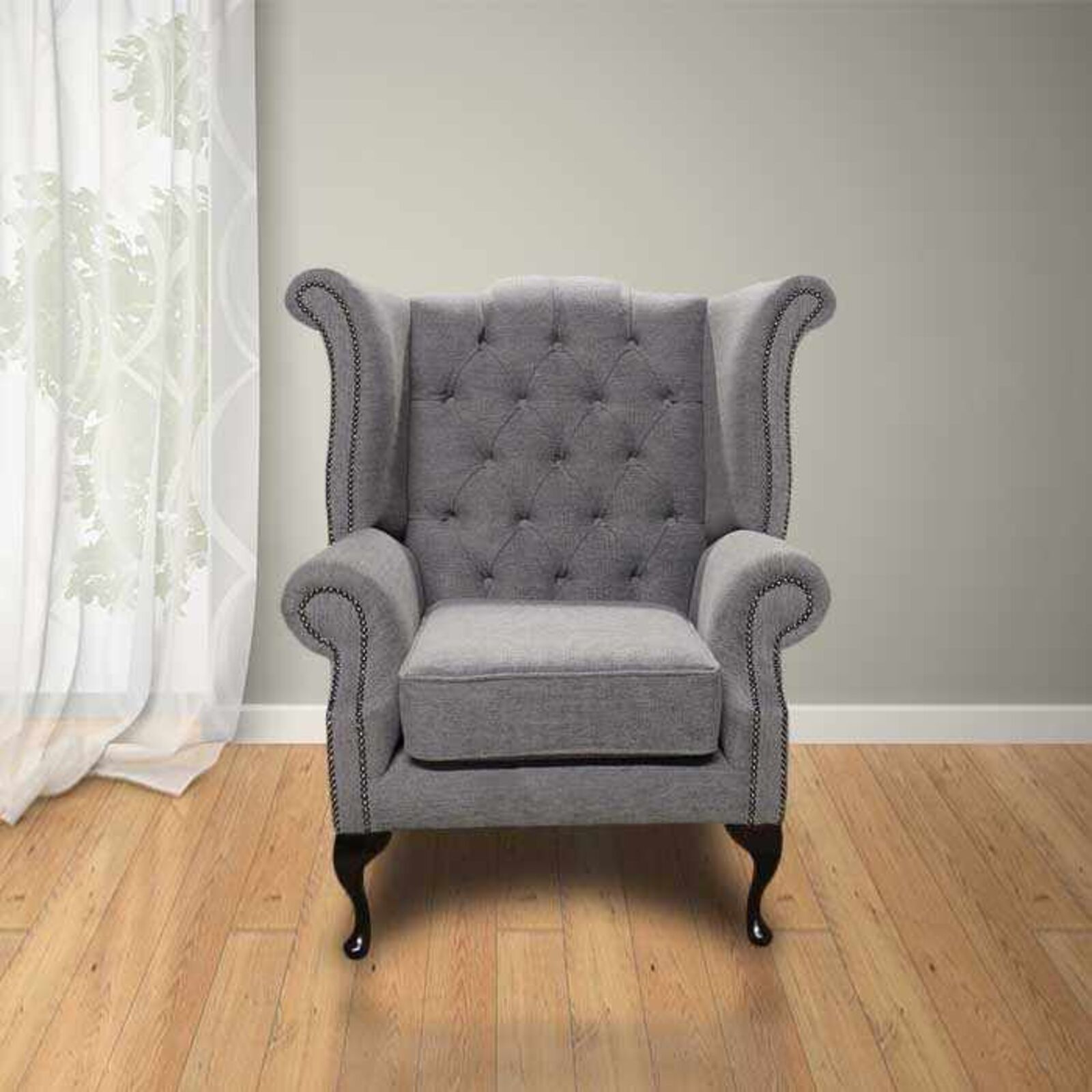 Product photograph of Chesterfield Fabric Newby High Back Wing Chair Verity Plain Steel Fabric from Designer Sofas 4U