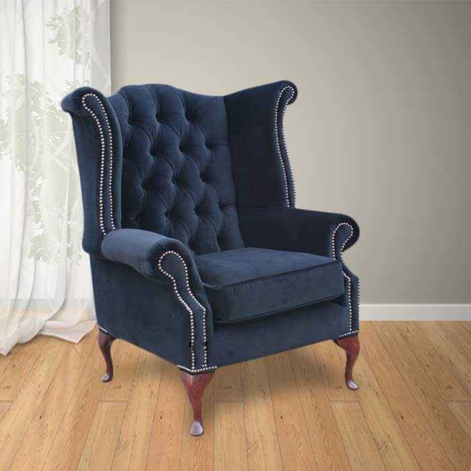 Product photograph of Pimlico Black Velvet Chesterfield Fabric Queen Anne High Back Wing Chair Designersofas4u from Designer Sofas 4U