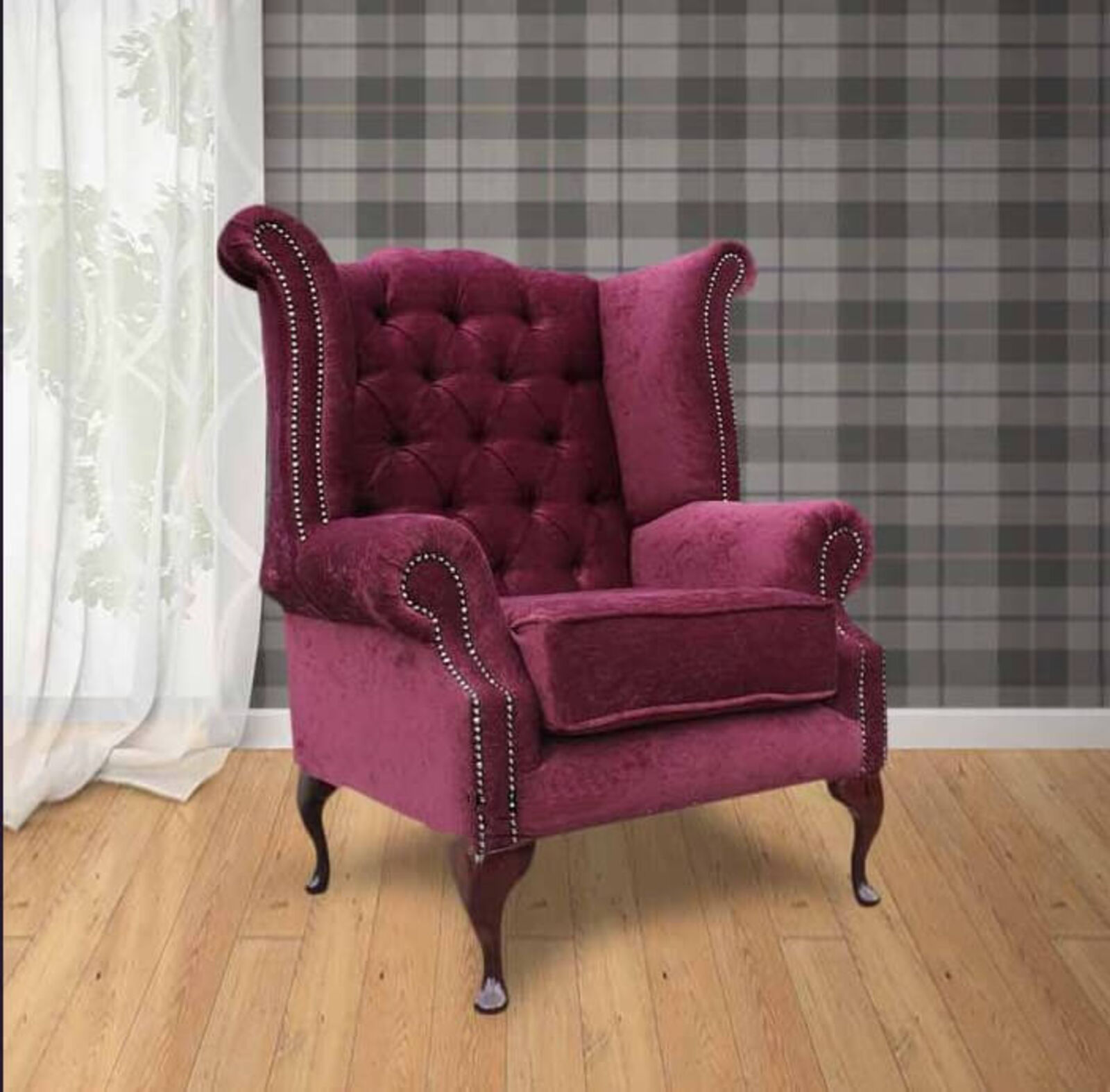 Product photograph of Chesterfield Fabric Queen Anne High Back Wing Chair Pimlico Damson from Designer Sofas 4U