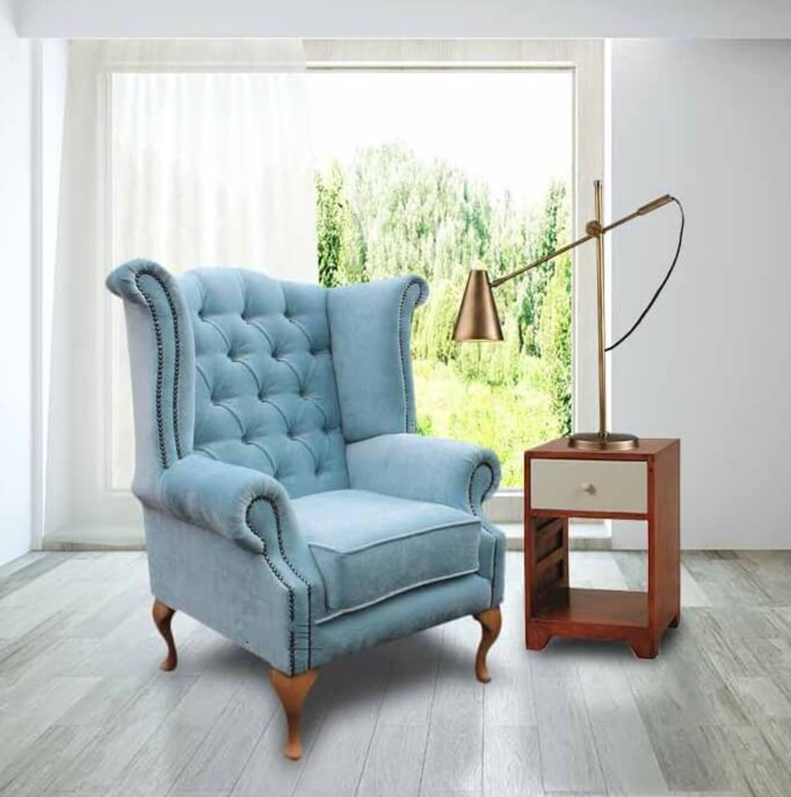 Product photograph of Chesterfield Queen Anne High Back Wing Chair Duck Egg Blue Fabric In Yew Feet from Designer Sofas 4U