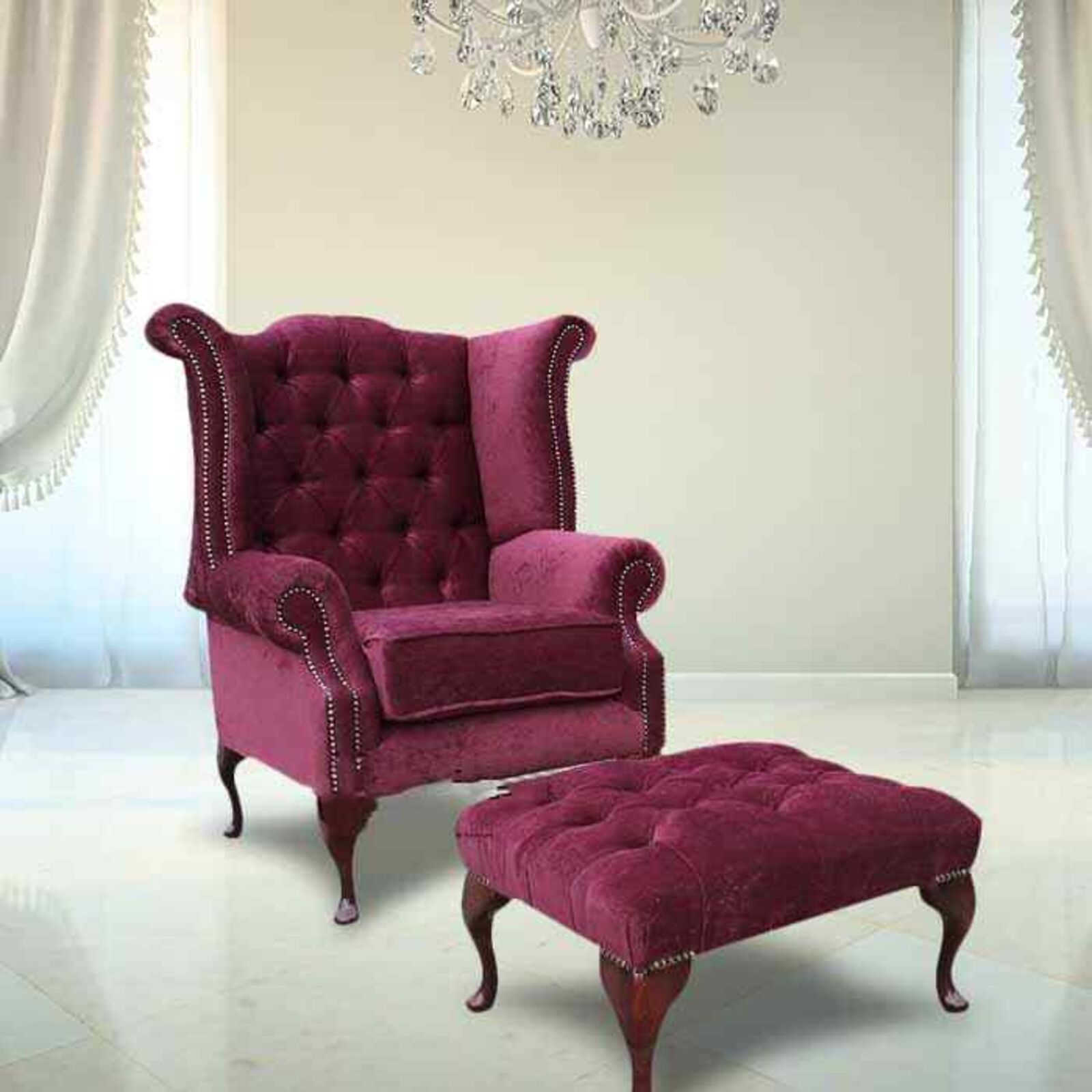 Product photograph of Chesterfield Fabric Queen Anne High Back Wing Chair Matching Footstool Damson from Designer Sofas 4U