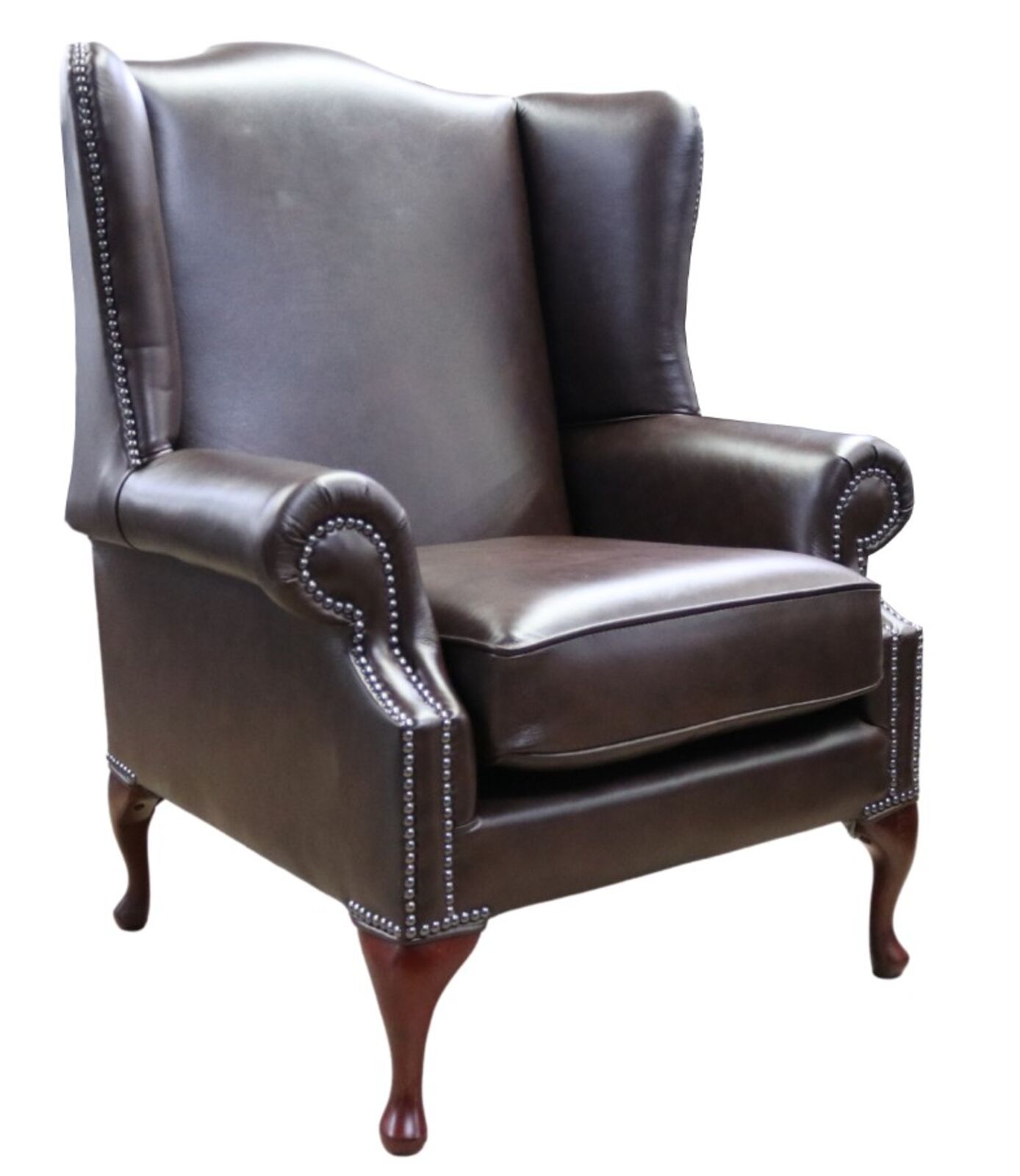 Product photograph of Chesterfield Flat Wing Saxon Mallory High Back Wing Chair Antique Brown Leather No Rub Off from Designer Sofas 4U