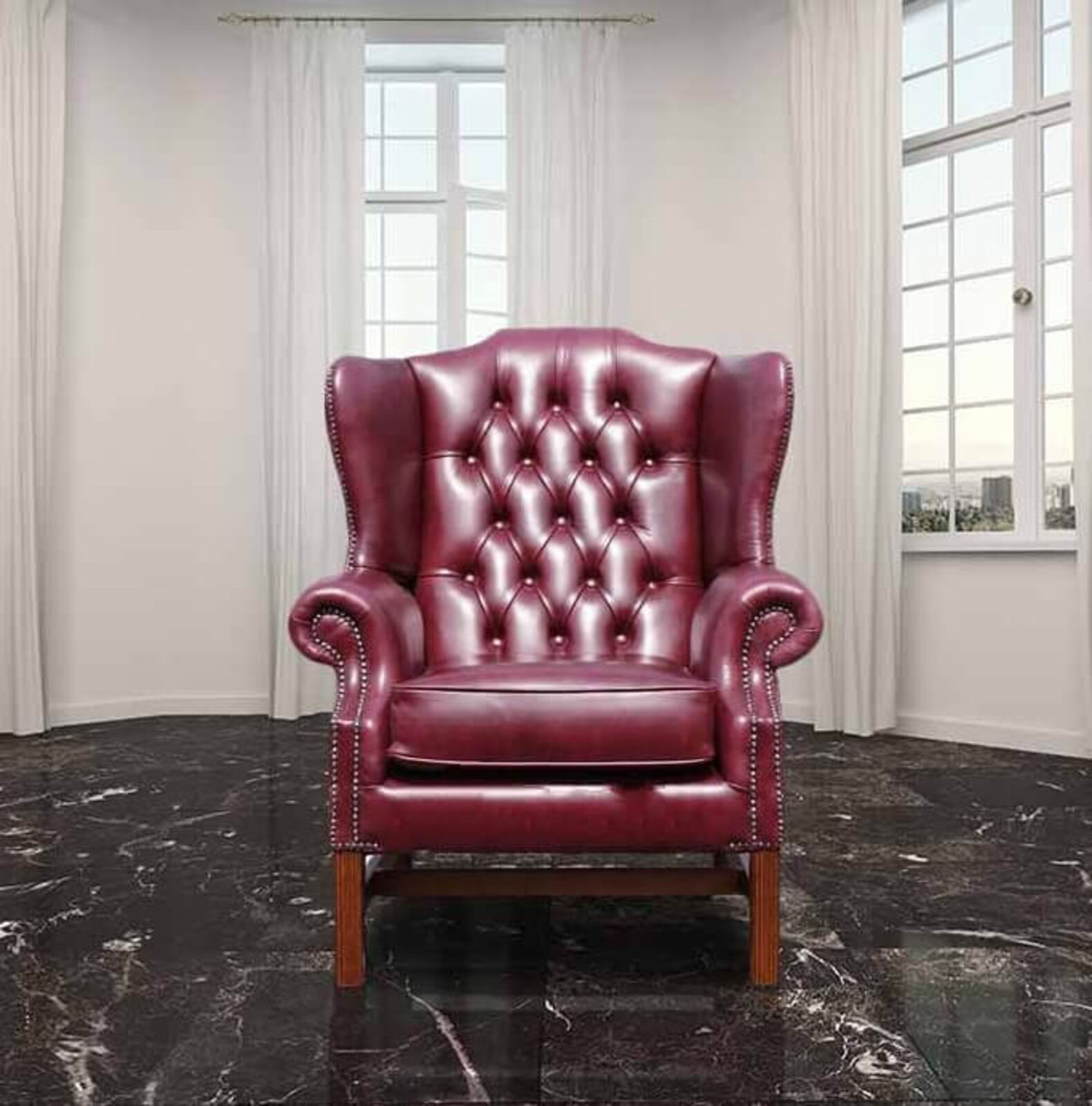 Product photograph of Chesterfield Georgian High Back Wing Chair Uk Manufactured Old English Burgandy from Designer Sofas 4U