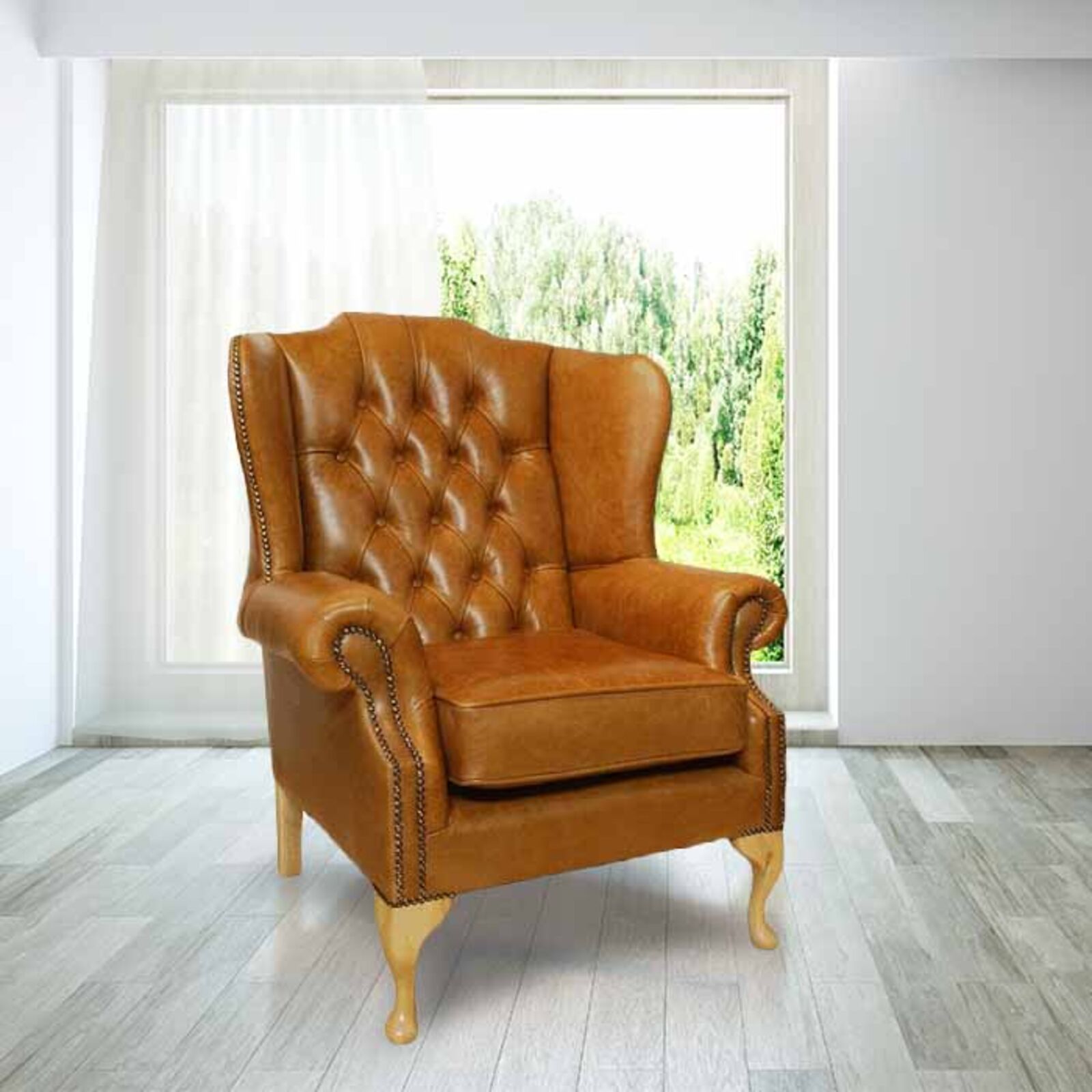 Product photograph of Chesterfield Gladstone Queen Anne High Back Wing Chair Uk Manufactured Old English Tan from Designer Sofas 4U