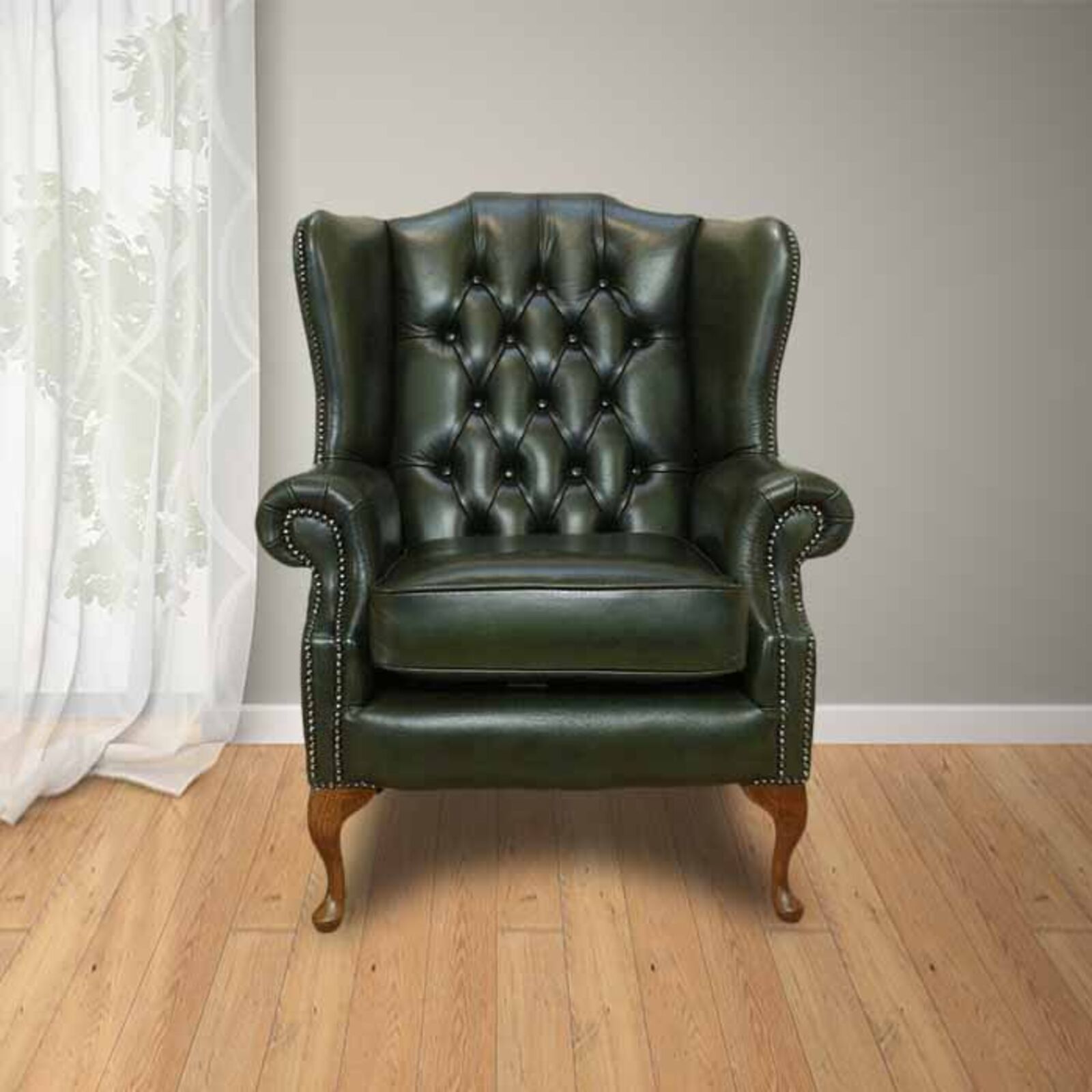 Product photograph of Chesterfield Highclere Flat Wing Queen Anne High Back Wing Chair Uk Manufactured Antique Green from Designer Sofas 4U