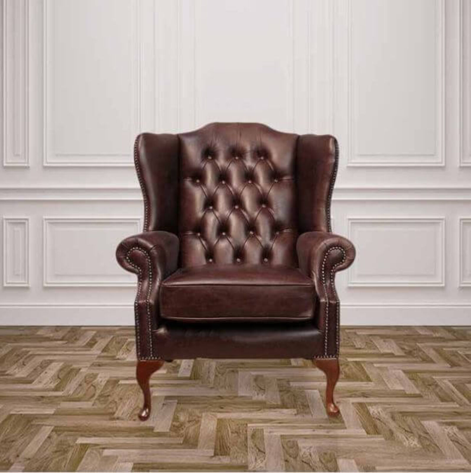 Product photograph of Chesterfield Highclere High Back Wing Chair Uk Manufactured Hand Dyed Old English Dark Brown Leather from Designer Sofas 4U