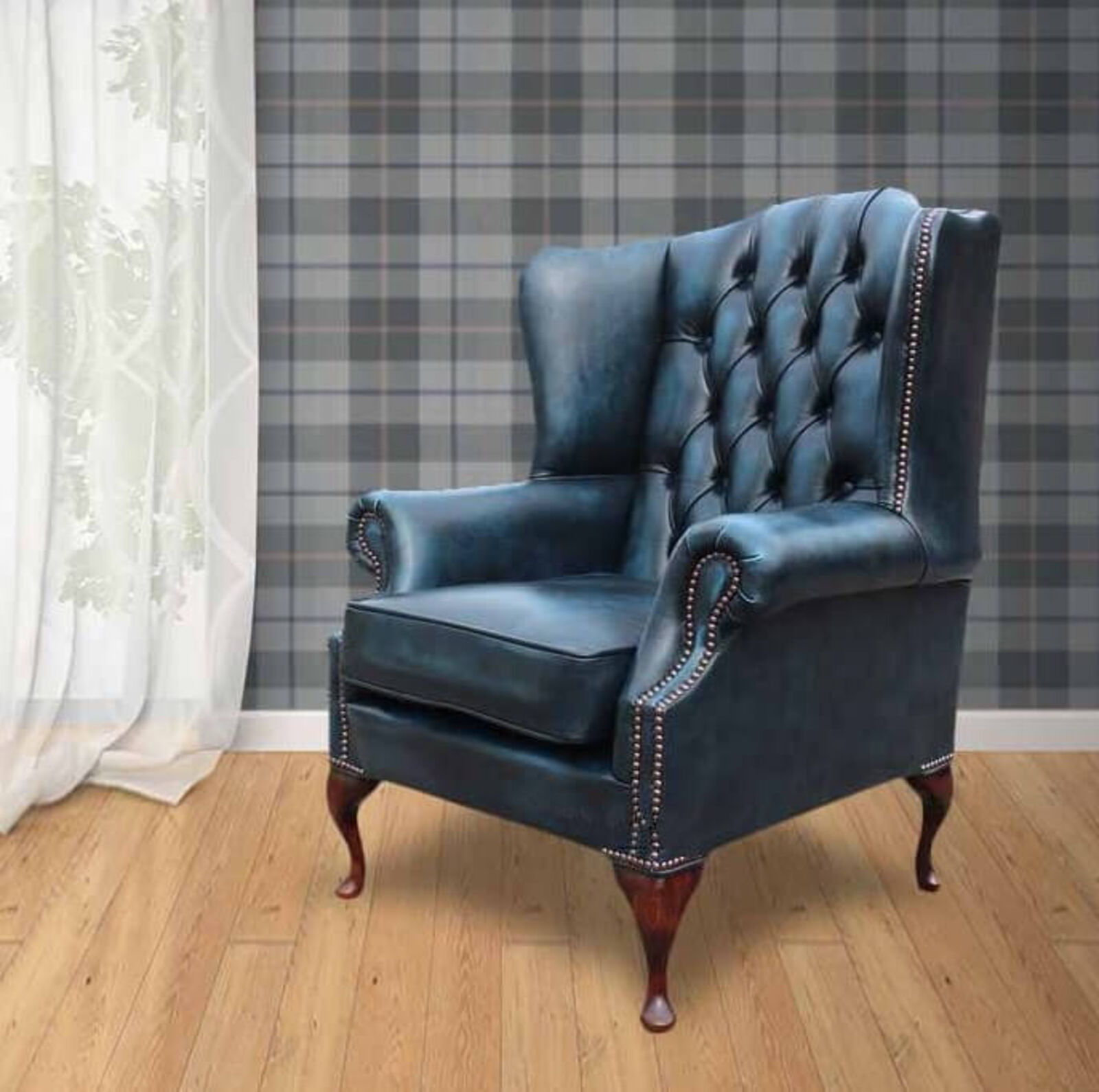 Product photograph of Chesterfield Mallory Flat Wing Queen Anne High Back Wing Chair Antique Blue Real Leather from Designer Sofas 4U