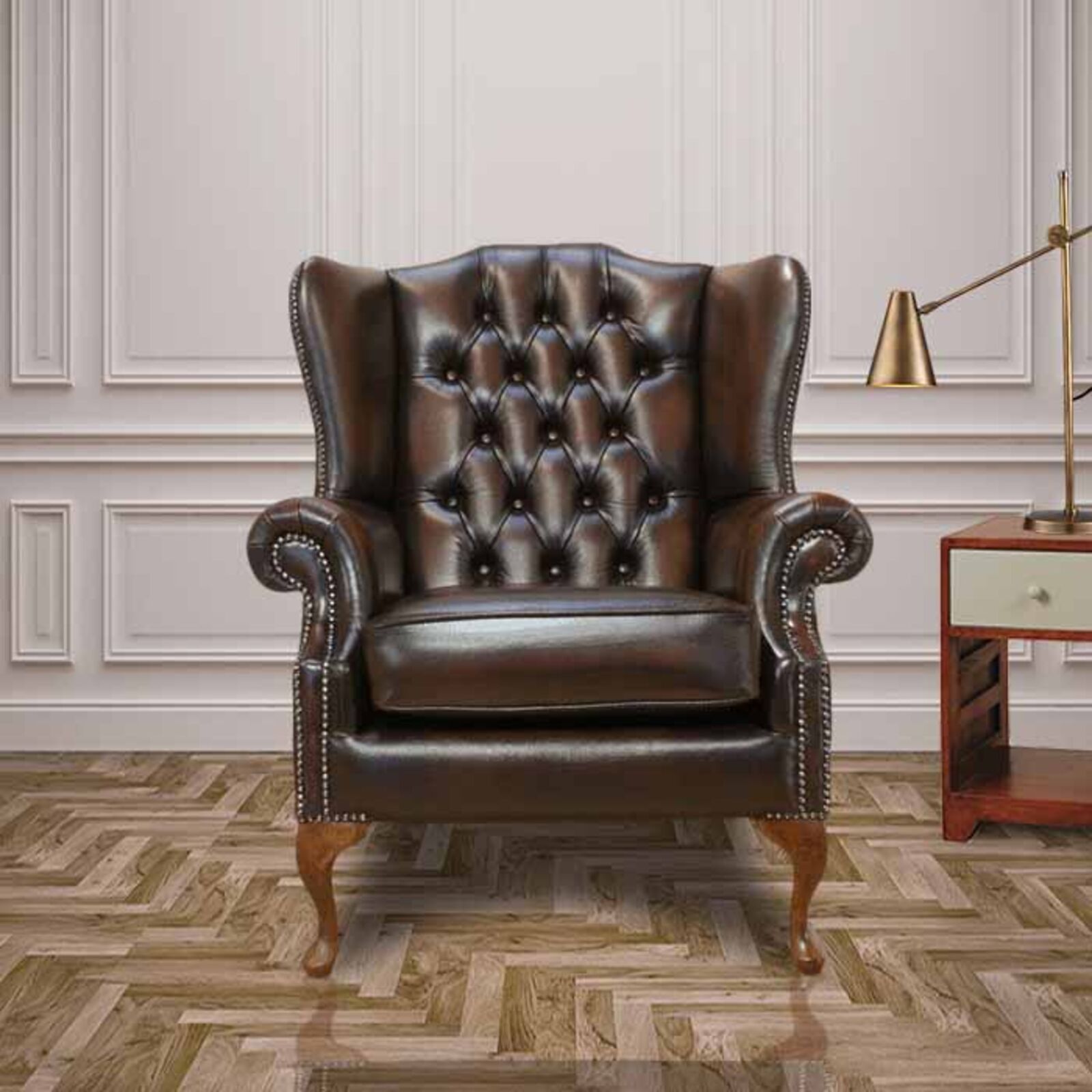 Product photograph of Chesterfield Mallory Flat Wing Queen Anne High Back Wing Chair Antique Brown Real Leather from Designer Sofas 4U