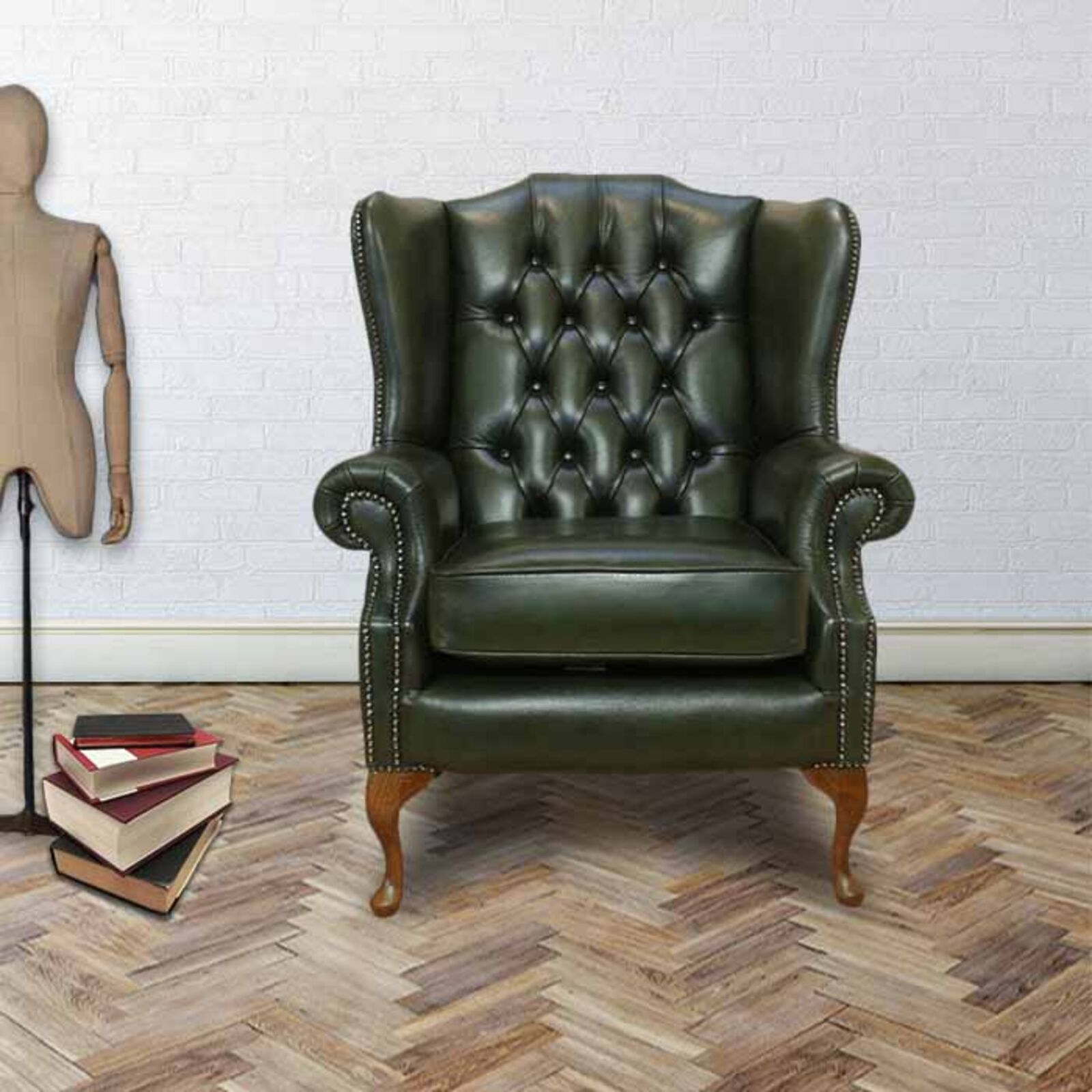 Product photograph of Chesterfield Mallory Flat Wing High Back Wing Chair Antique Green Real Leather from Designer Sofas 4U