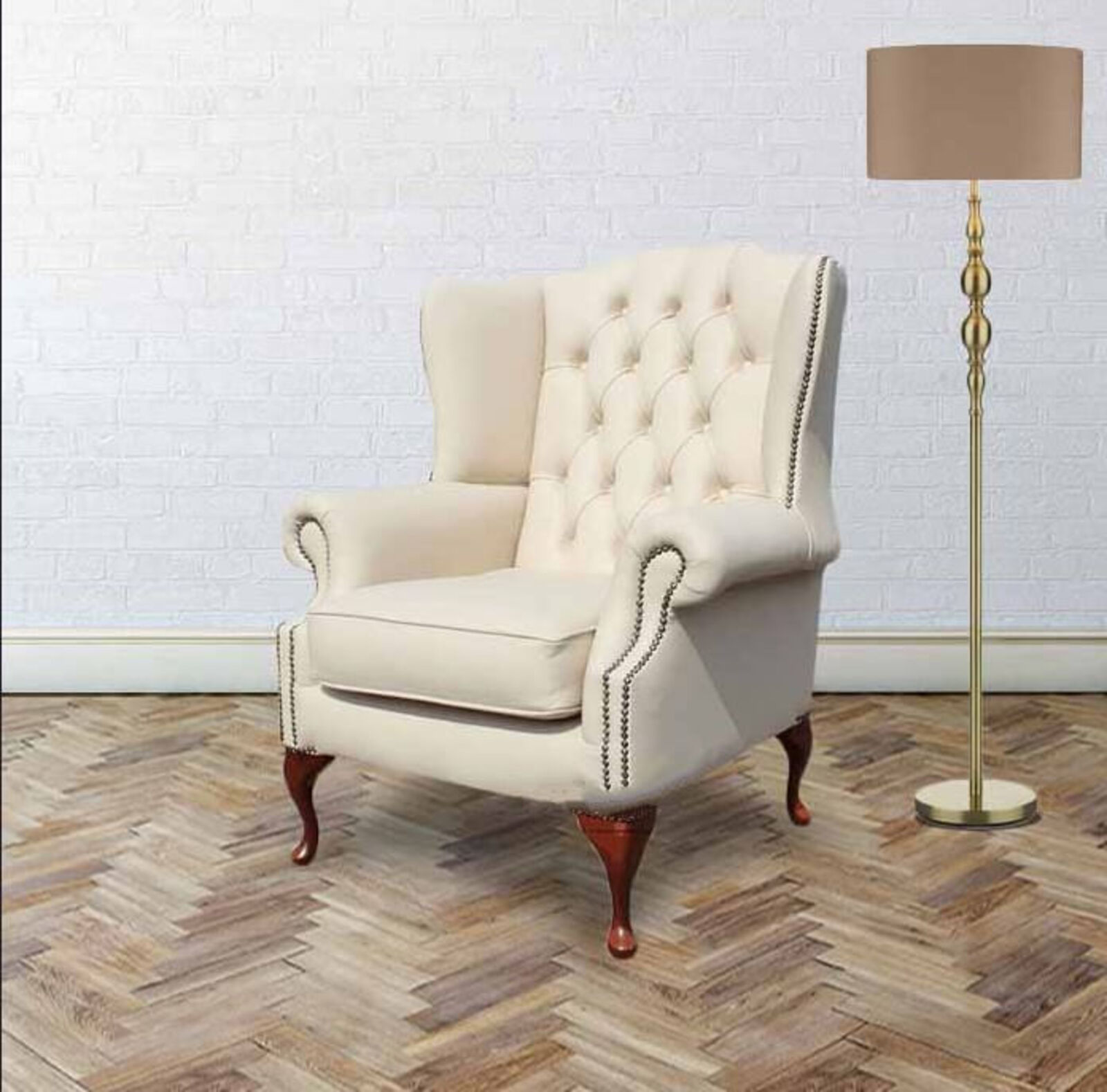 Product photograph of Chesterfield Mallory Flat Wing Queen Anne High Back Wing Chair Uk Manufactured Cream Leather from Designer Sofas 4U
