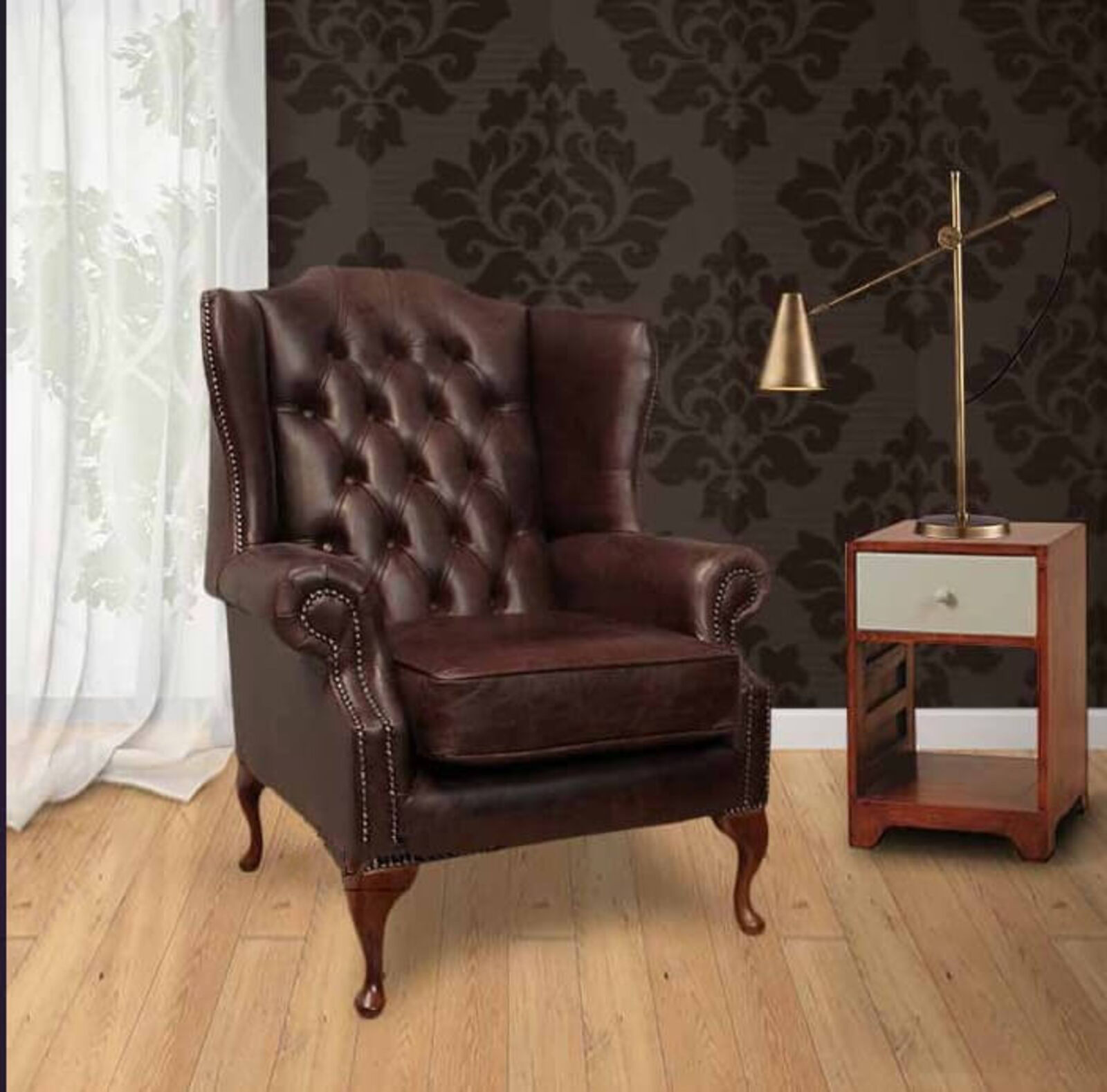 Product photograph of Chesterfield Mallory High Back Wing Chair Uk Manufactured Hand Dyed Old English Dark Brown Leather from Designer Sofas 4U