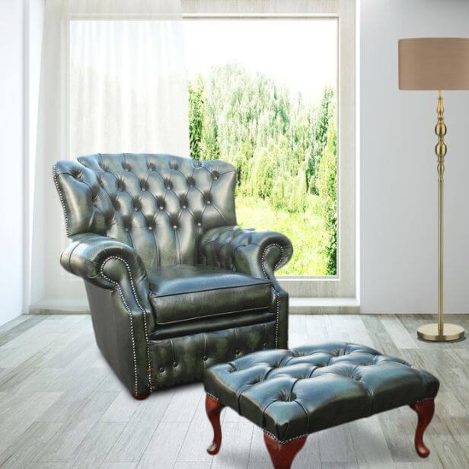 Product photograph of Chesterfield Monks High Back Wing Chair Antique Green Uk Manufactured Armchair Footstool from Designer Sofas 4U