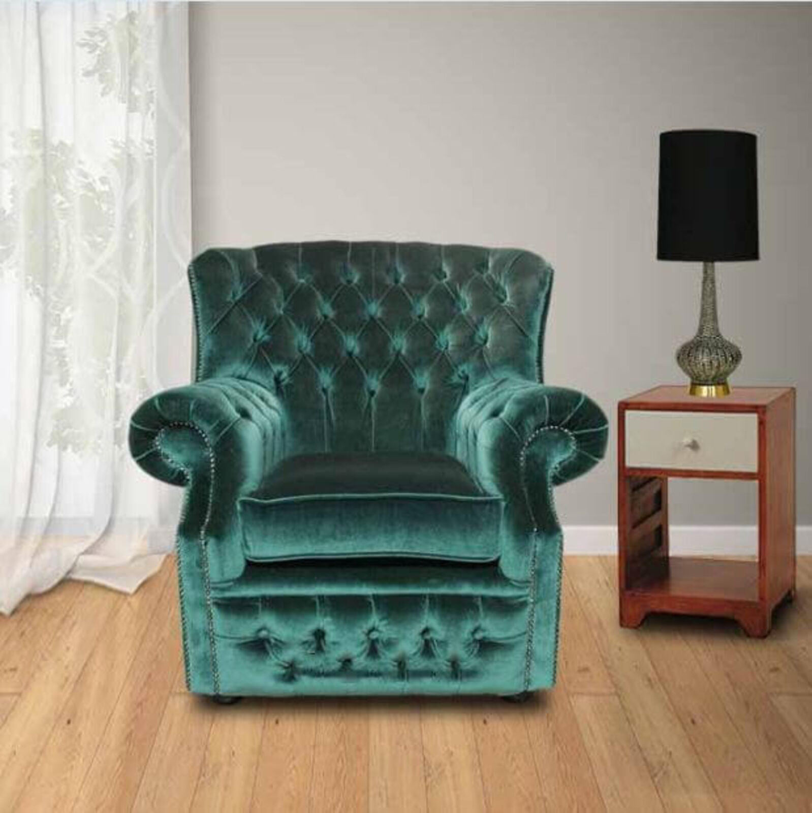 Product photograph of Chesterfield Monks High Back Wing Chair Uk Manufactured Armchair Bottle Green Velvet from Designer Sofas 4U