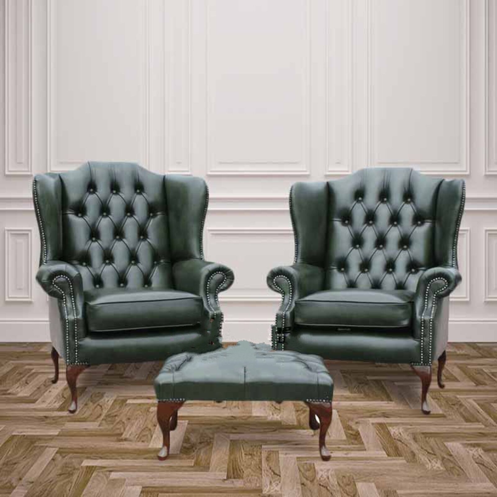 Product photograph of Chesterfield Offer Pair Mallory High Back Wing Chair Footstool Antique Green Leather from Designer Sofas 4U
