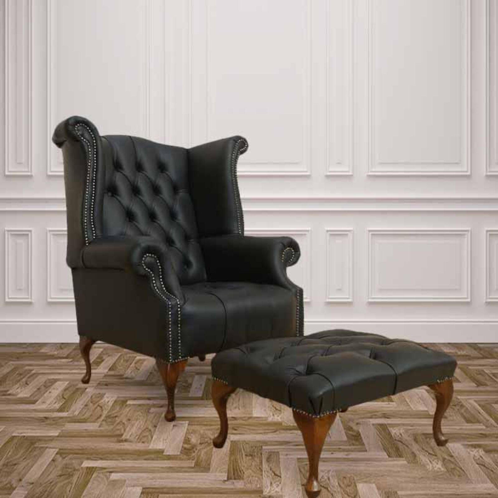 Product photograph of Orignal Chesterfield High Back Wing Chair Buttoned Seat Footstool Designersofas4u from Designer Sofas 4U