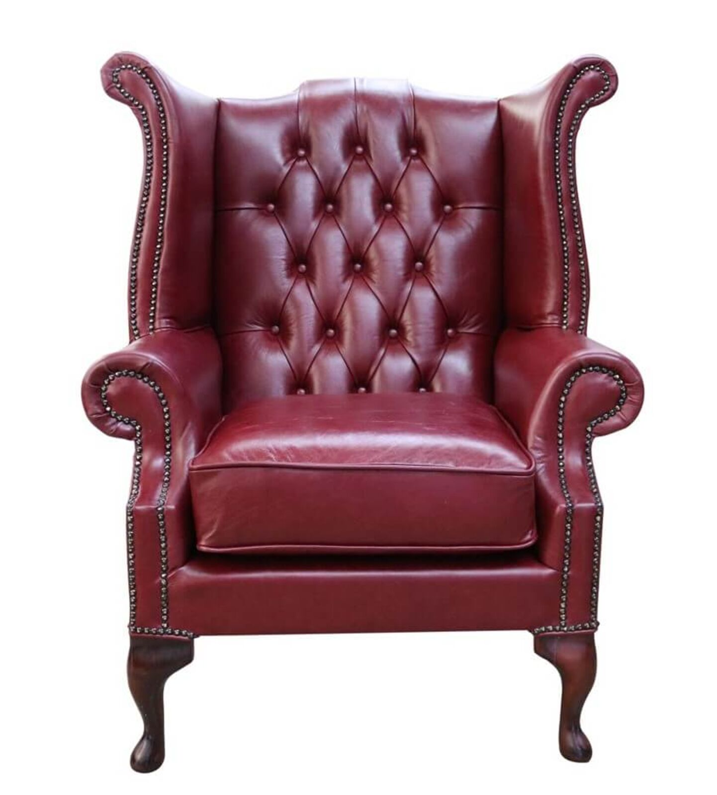 Product photograph of Chesterfield Queen Anne High Back Wing Chair Uk Manufactured Old English Burgandy from Designer Sofas 4U