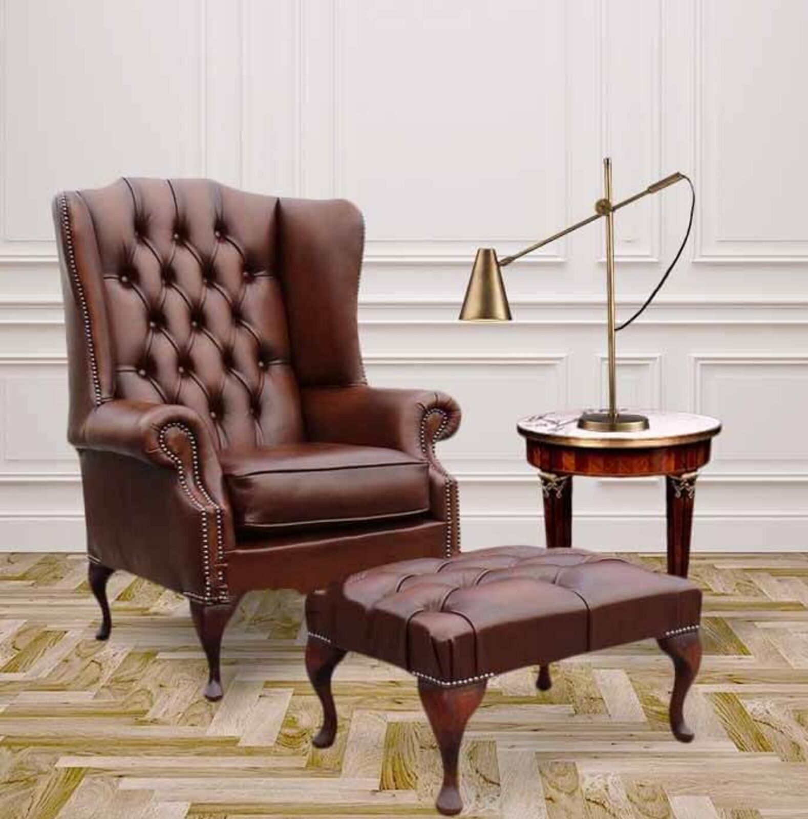 Product photograph of Rub Off Antique Tan Leather Chesterfield Prince S Mallory Flat Wing Queen Anne High Back Wing Chair Uk With Matching Footstool Uk Manufactured Amp Hellip from Designer Sofas 4U