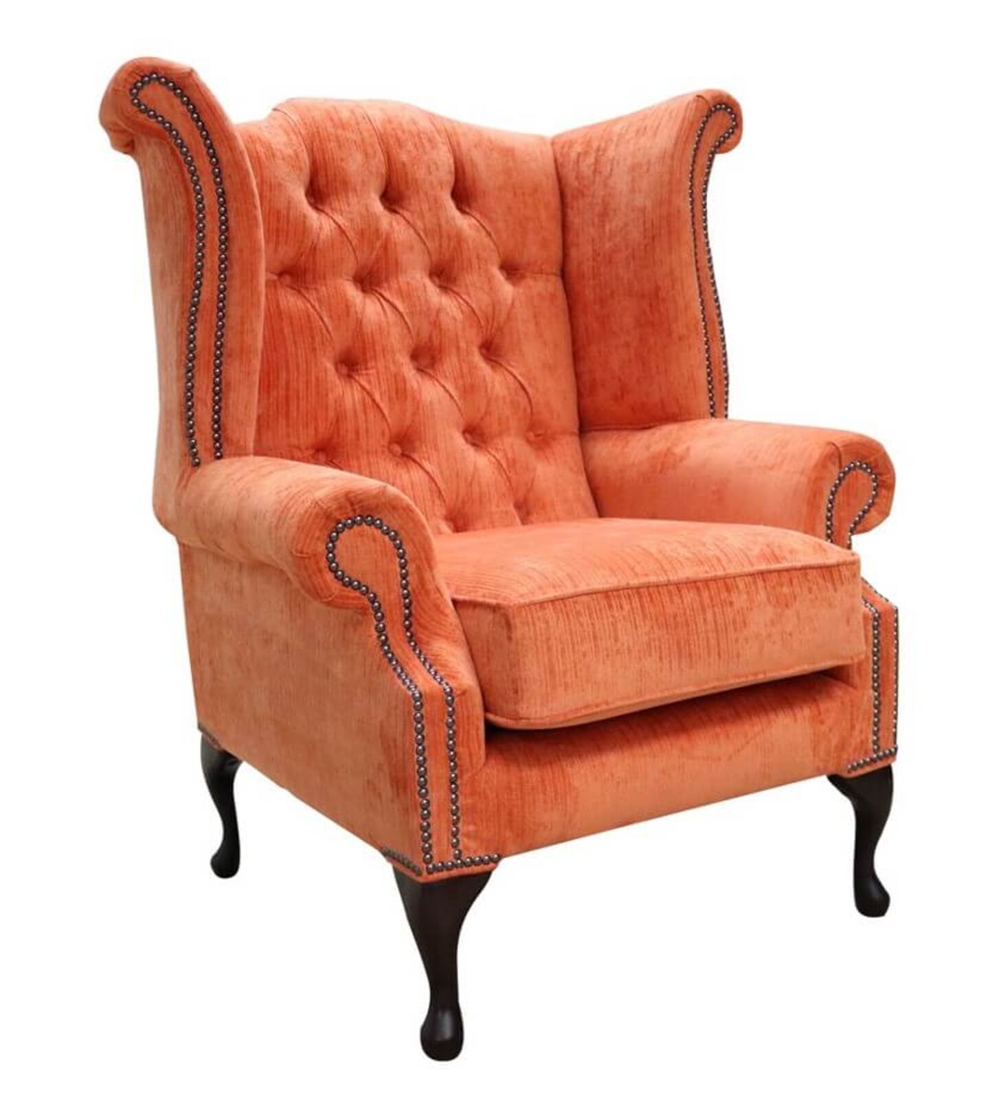 Product photograph of Chesterfield Fabric Queen Anne High Back Wing Chair Azzurro Tangerine Orange Velvet from Designer Sofas 4U