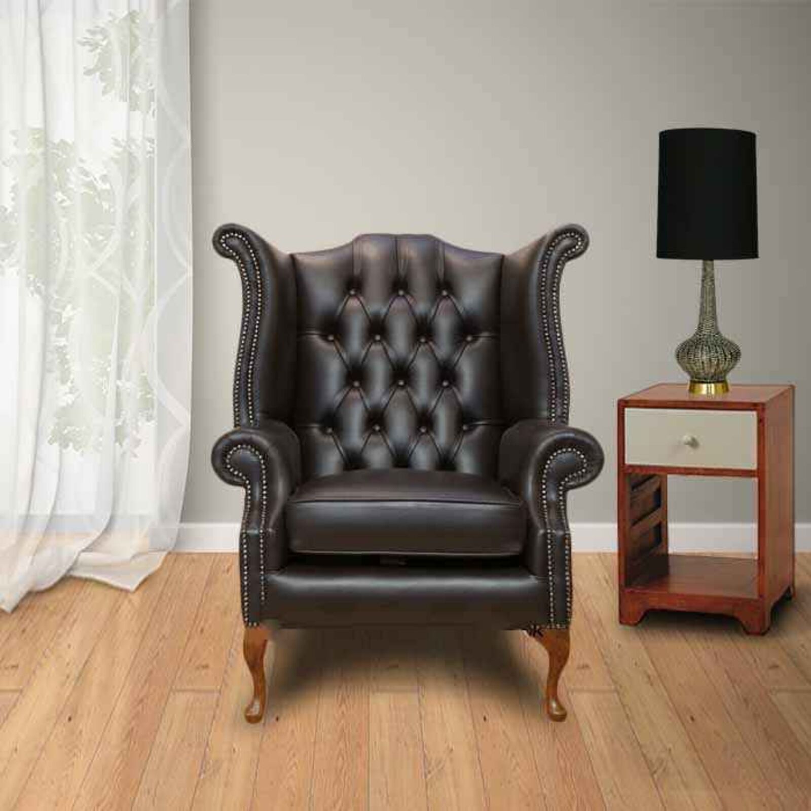 Product photograph of Chesterfield Queen Anne High Back Wing Chair Dark Brown Bournville from Designer Sofas 4U